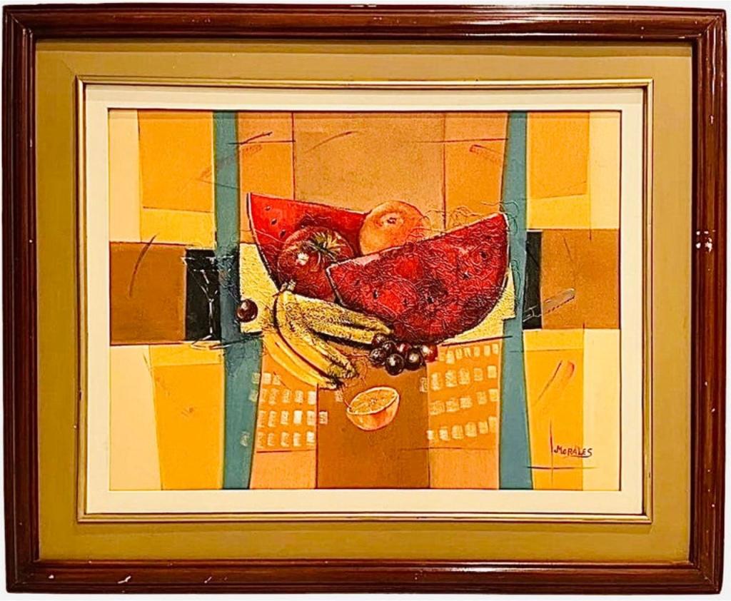 XL Mid Century Cubist Mixed Media Stillleben Obst Gemälde nach Cezanne D. Fox (20. Jahrhundert) im Angebot