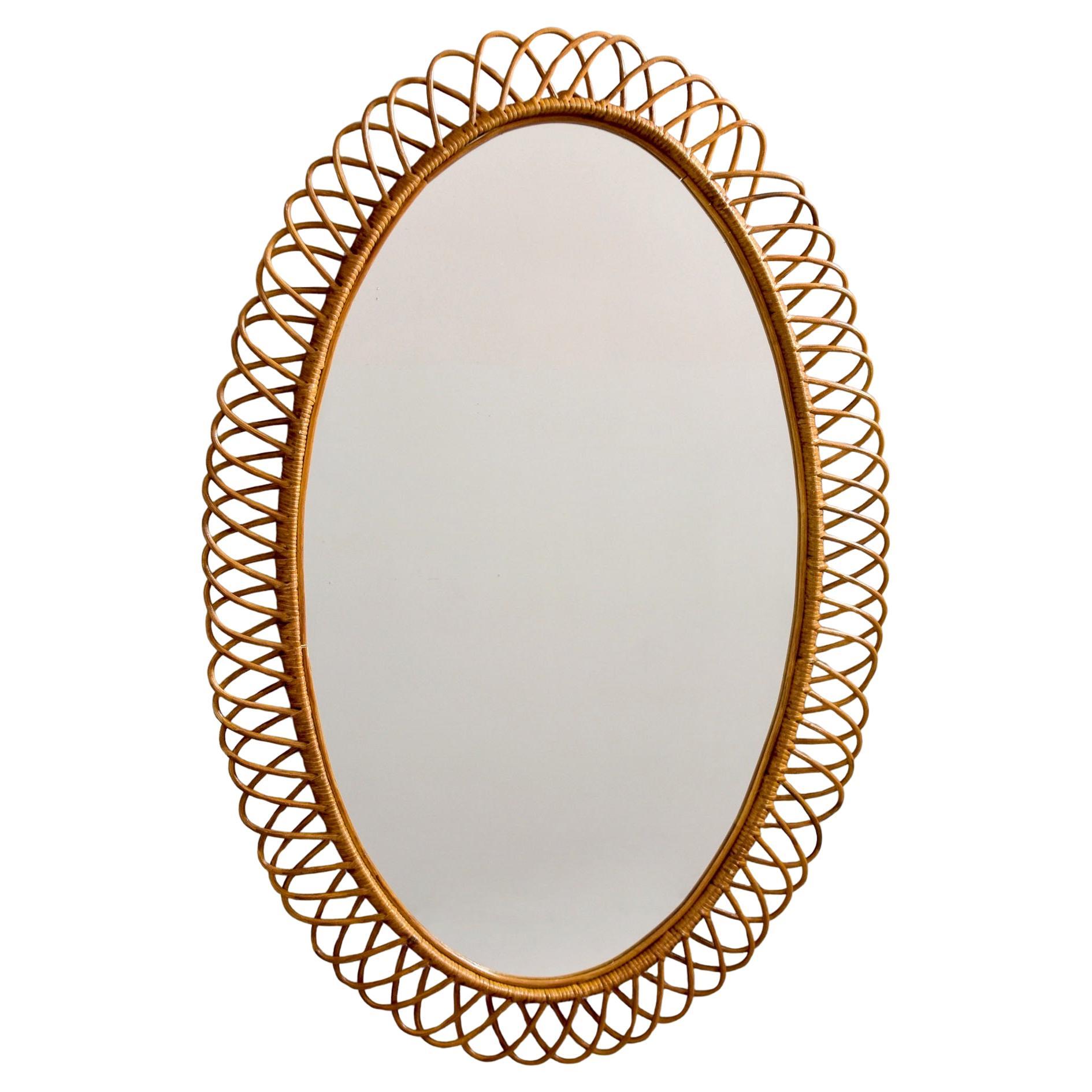 XL Mid Century Italian Oval Wicker Framed Mirror