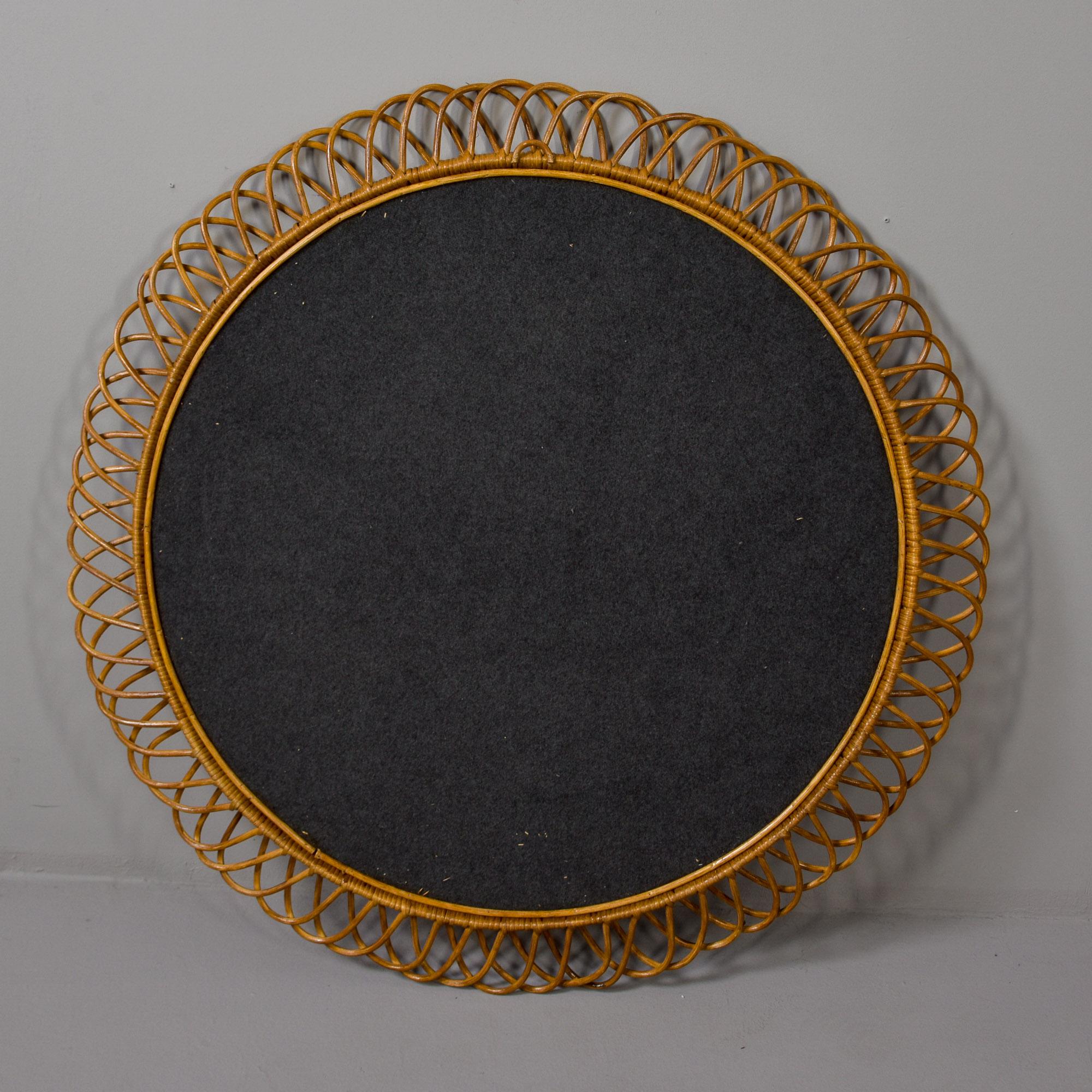 XL Mid Century Italian Round Wicker Framed Mirror For Sale 5