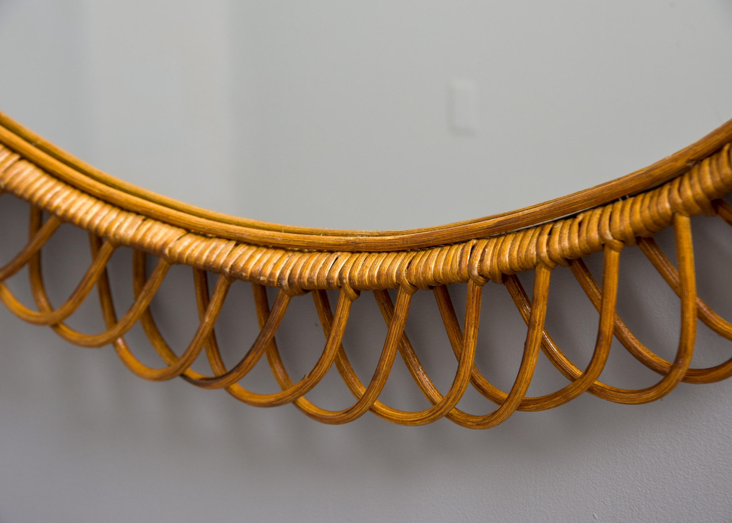 20th Century XL Mid Century Italian Round Wicker Framed Mirror For Sale