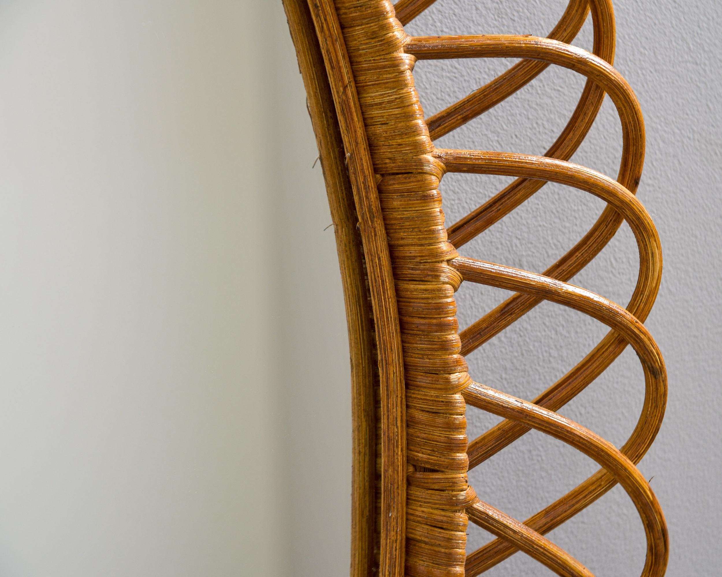 XL Mid Century Italian Round Wicker Framed Mirror For Sale 4