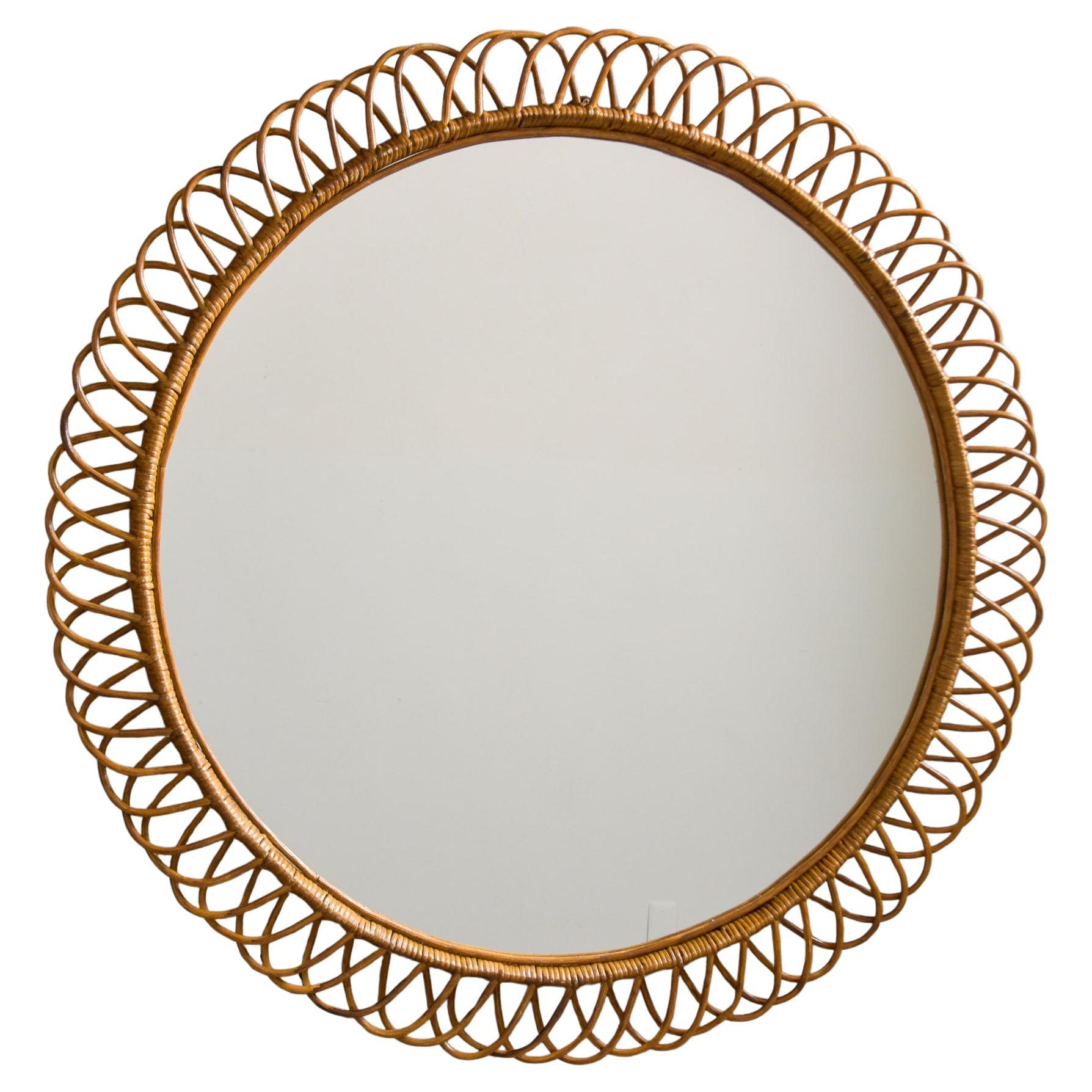 XL Mid Century Italian Round Wicker Framed Mirror For Sale