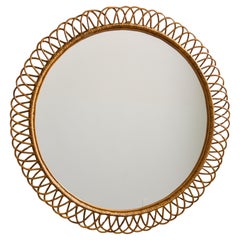 XL Specchio rotondo con cornice in vimini del Mid Century italiano