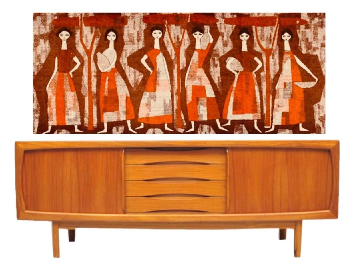 Rare 60s XL Vintage Mid-Century Modern Abstract Cubist Textile Art  Wall Hanging Tapestry  of Women. Made in Hungary

Gorgeous, Monumental, Mural-sized, 1960's Mid Century Modern, Stylized, woven wall tapestry of Cubist, Working Women, created by