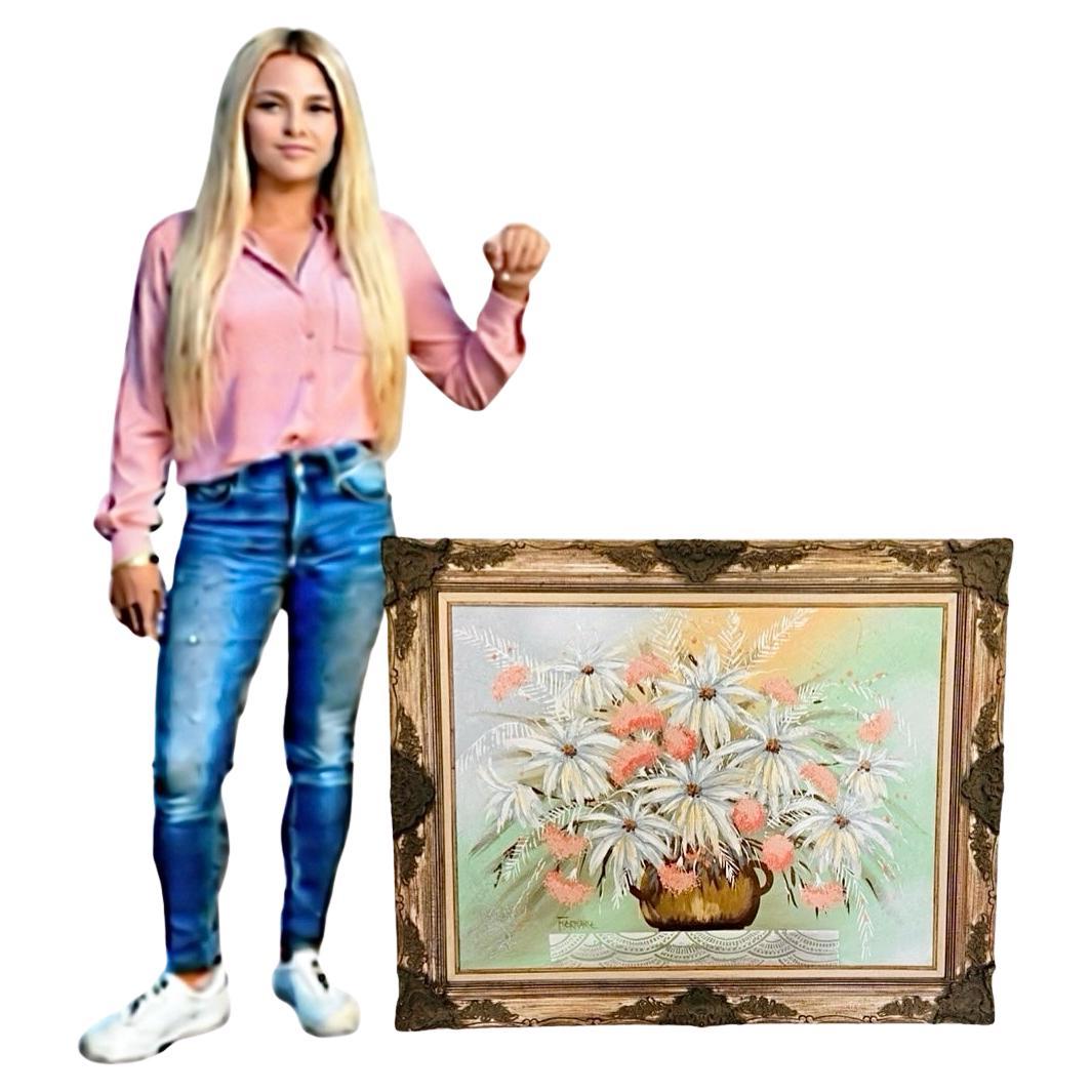 Außergewöhnliches, Mario de Ferrante, Mitte des Jahrhunderts, dick aufgetragenes Impasto-Ölgemälde eines dramatischen Blumenstilllebens 

Das Gemälde ist mit einem maßgeschneiderten, handgefertigten, antiken, handverzierten, aufwendigen, bemalten