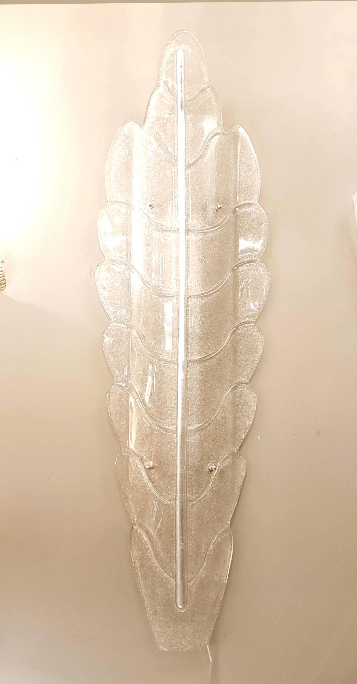Extra large sculptural Mid-Century Modern light beige, with silver/gold flakes leaf shaped Murano glass sconces. In the style of Barovier e Toso Mid-Century Modern Murano glass creations.
Four candelabra base lights each, rewired.
One single Leaf