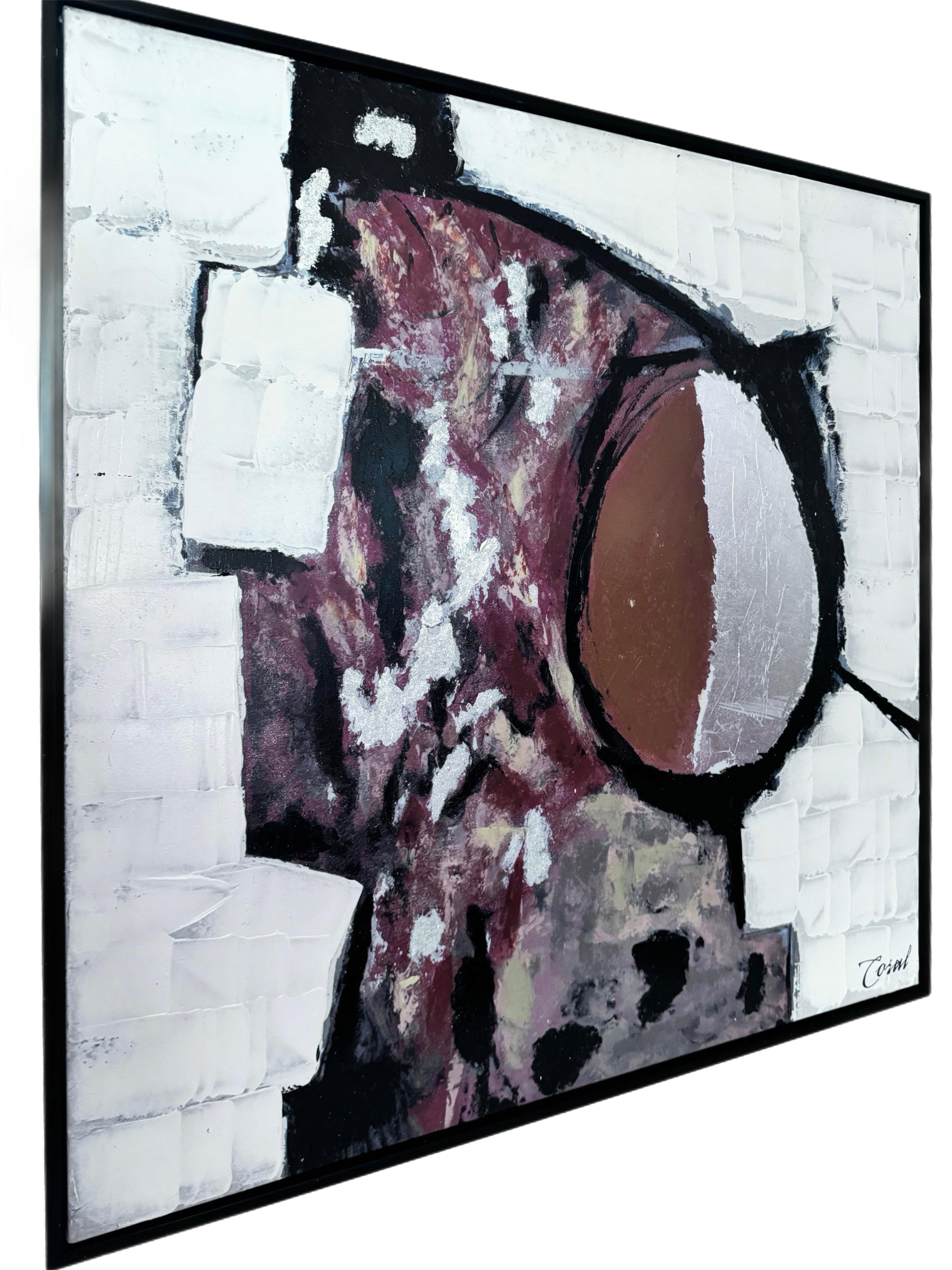 Dramatisch, Mid Century Modern abstrakt, Impasto 
Kunstwerke in Weiß-, Schwarz-, Kastanien- und Brauntönen. Es enthält dicke, erhabene, mit dem Spachtel aufgetragene Farbe, die ihm eine dreidimensionale Qualität verleiht.

Auf Leinwand, mit