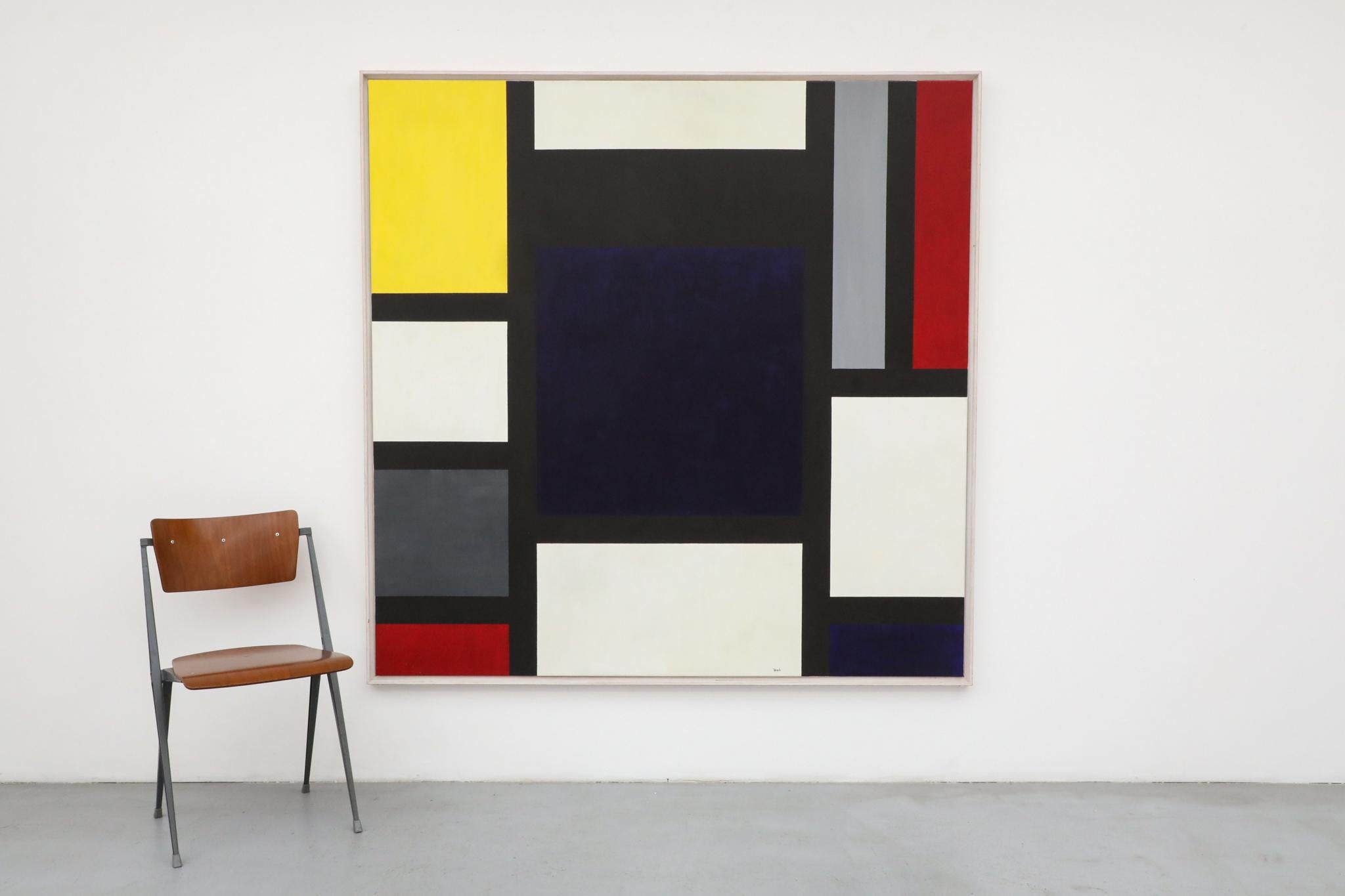 An impressive extra-large abstract wall art piece from 2002, boldly inspired by the iconic geometric compositions of Piet Mondrian. Titled 'Olympus's Roep' (Dutch for 'Olympus's Call'), this painting is executed in acrylic on canvas and housed