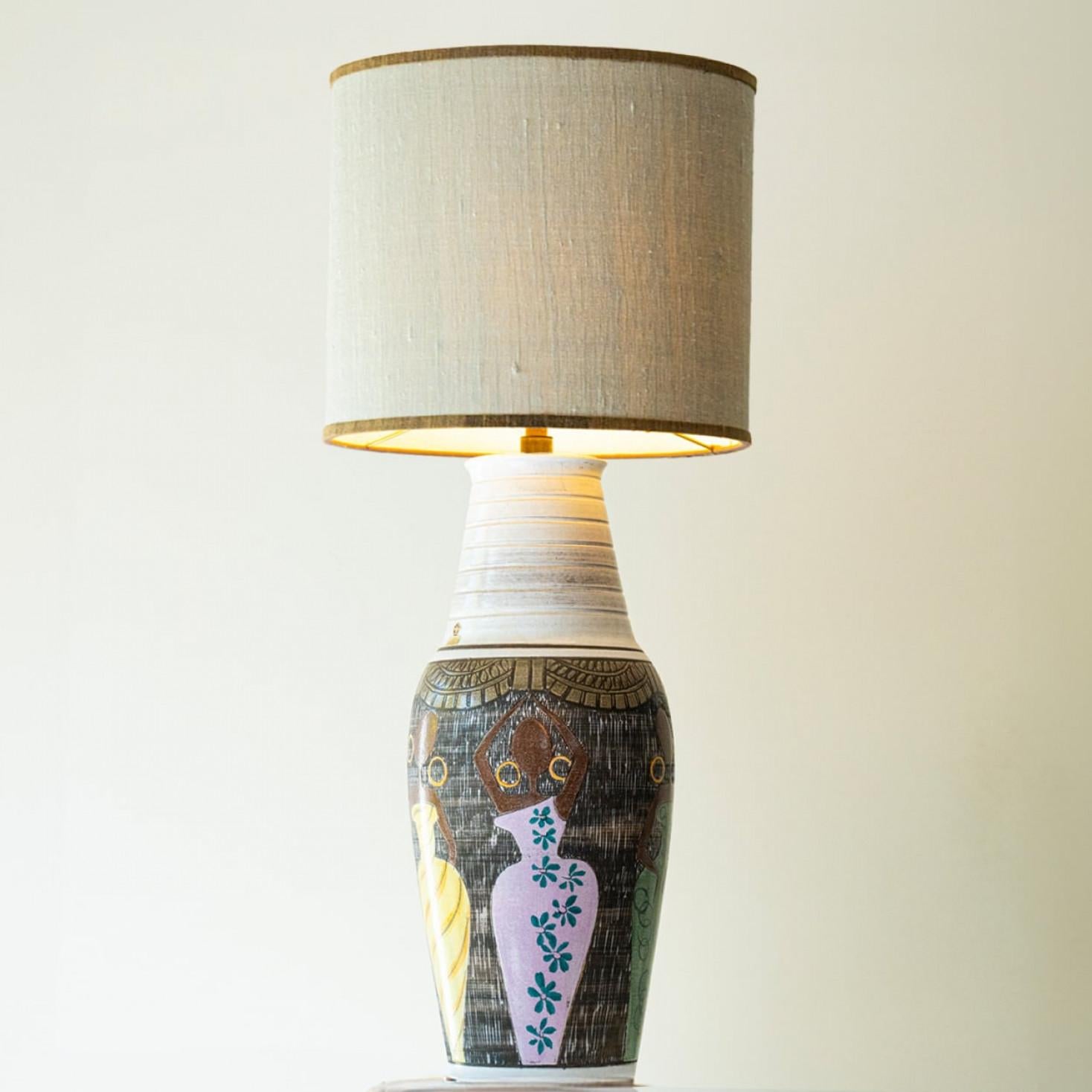 Mid-Century Modern XL Multi Color Ceramic FLoor Table Lamp, Silk Lampshade by R. Houben For Sale