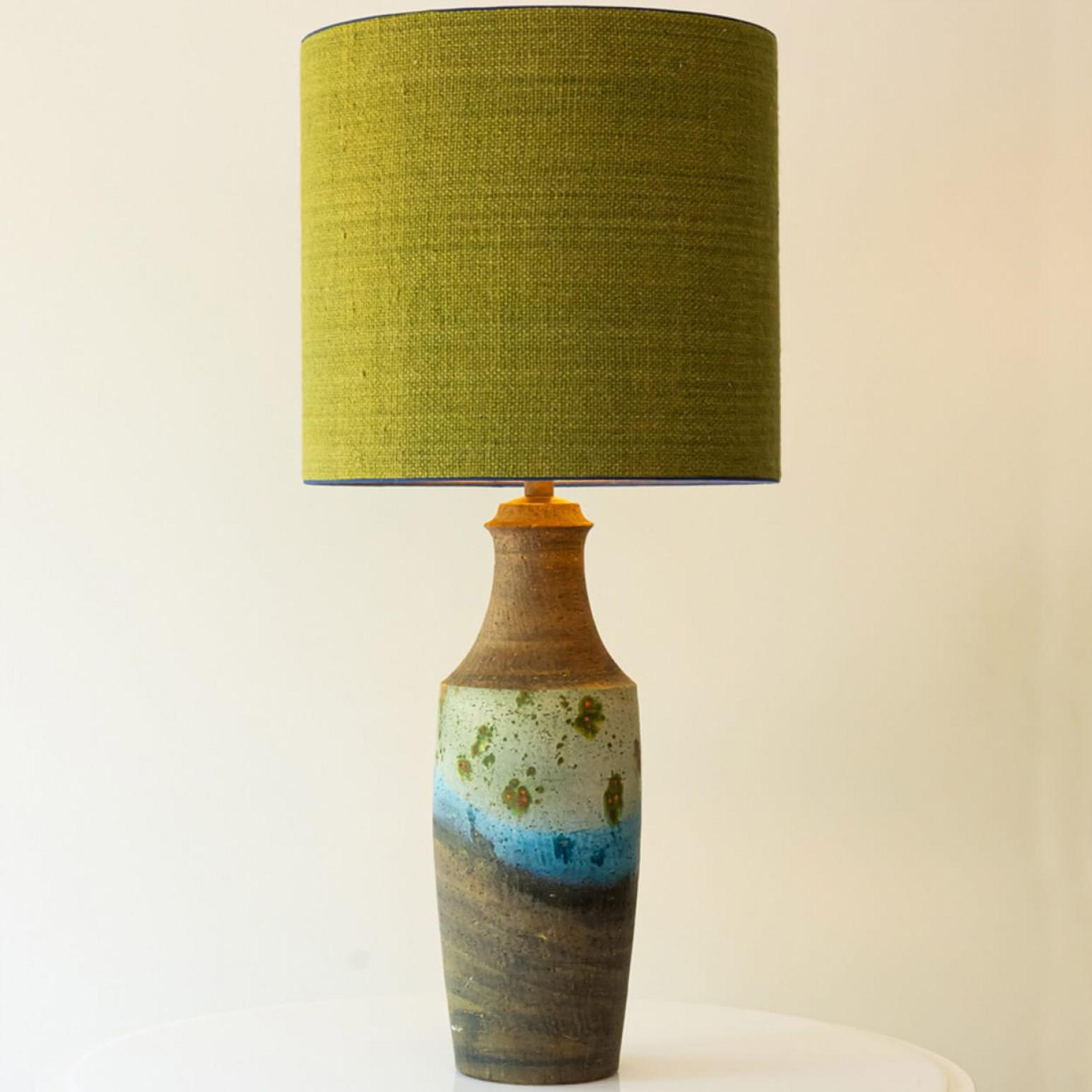 Français XL Multi Color Ceramic FLoor Table Lamp, Silk Lampshade by R. Houben en vente