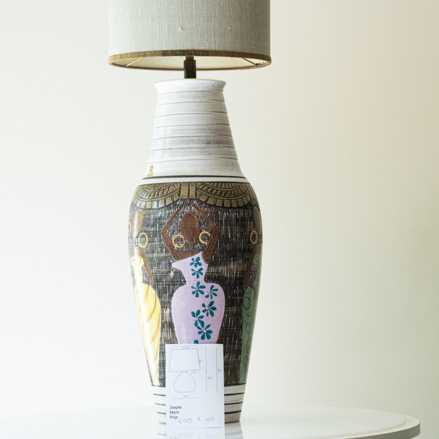 Late 20th Century XL Multi Color Ceramic FLoor Table Lamp, Silk Lampshade by R. Houben For Sale