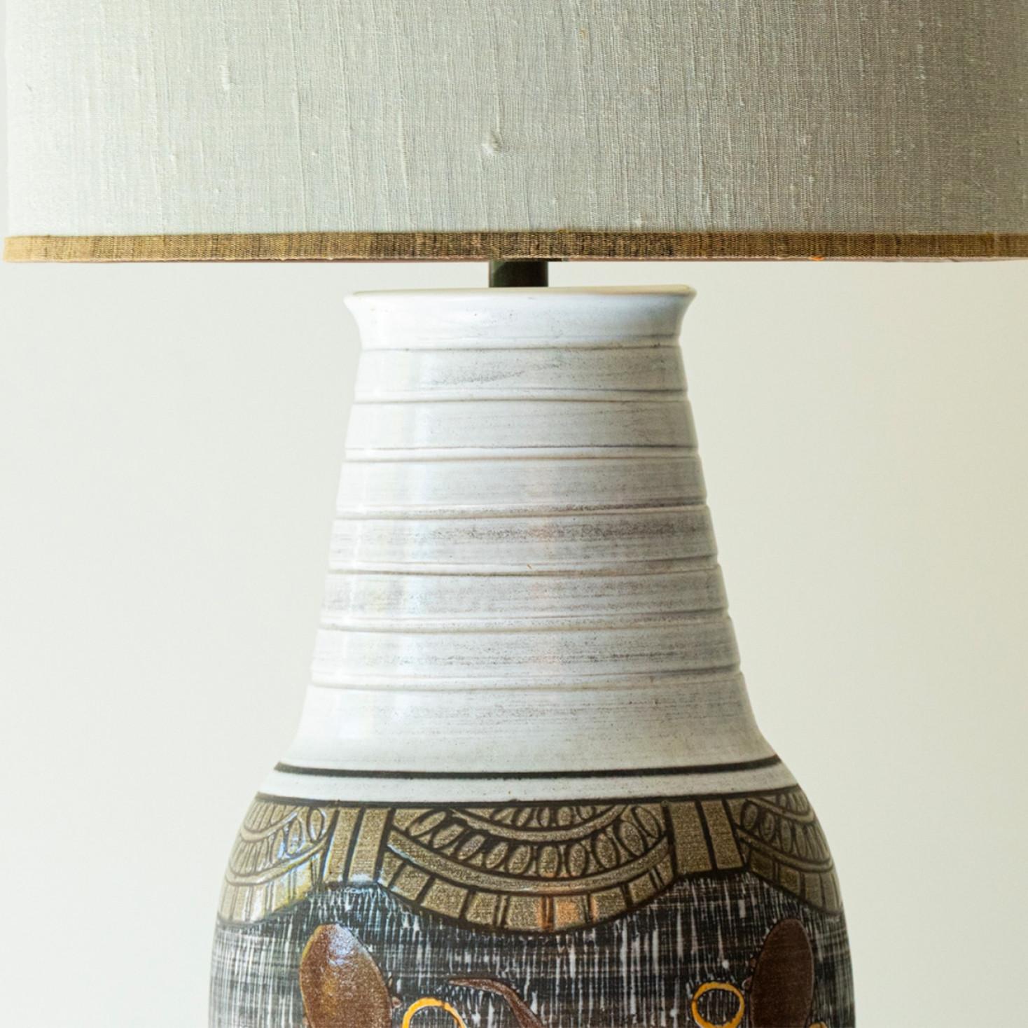 XL Multi Color Ceramic FLoor Table Lamp, Silk Lampshade by R. Houben For Sale 2