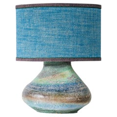 XL Multicolor Squat Bulbous Ceramic Lamp, Blue Custom Lampshade by R. Houben