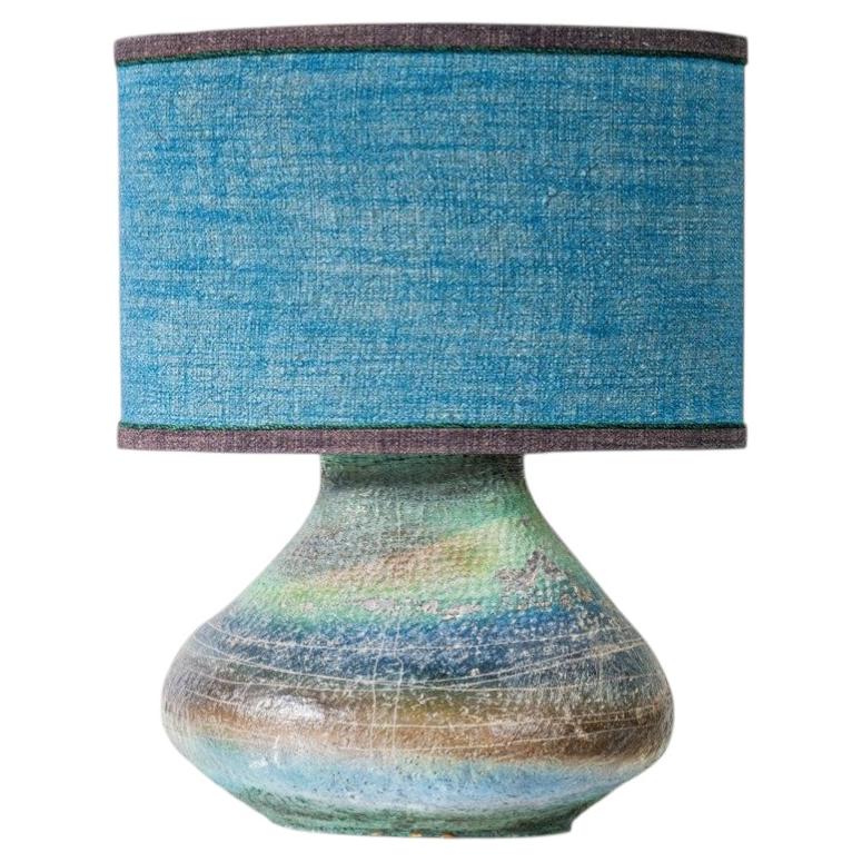 XL Multicolor Squat Bulbous Ceramic Lamp, Blue Custom Lampshade by R. Houben For Sale