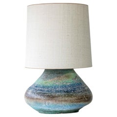XL Multicolor Squat Bulbous Ceramic Lamp, Neutral Custom Lampshade by R. Houben