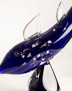 XL Murano Blue Glass Fish Sculpture with Gold and Silver Leaf by V. Nason