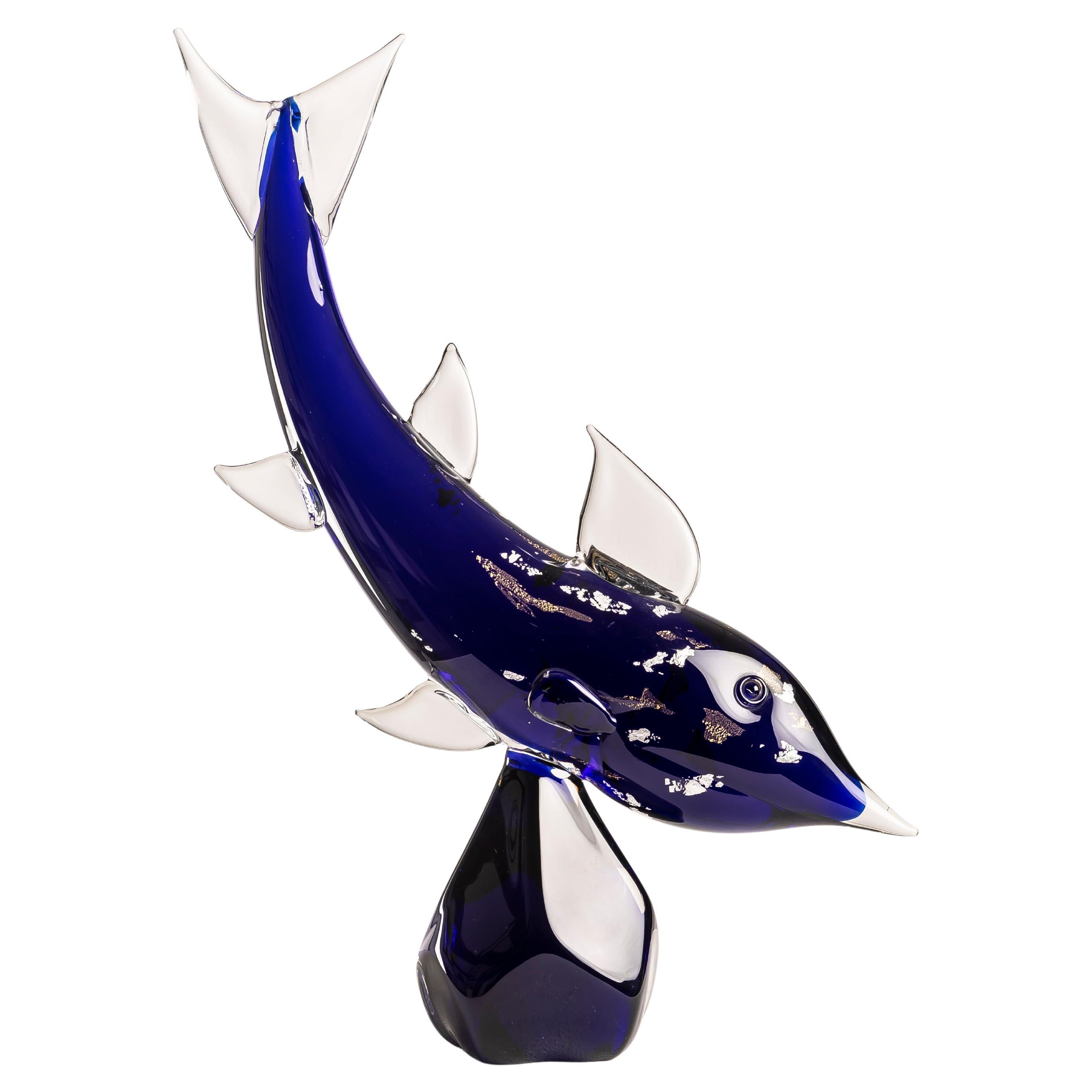 XL Murano Blue Glass Fish Sculpture with Gold and Silver Leaf by V. Nason For Sale