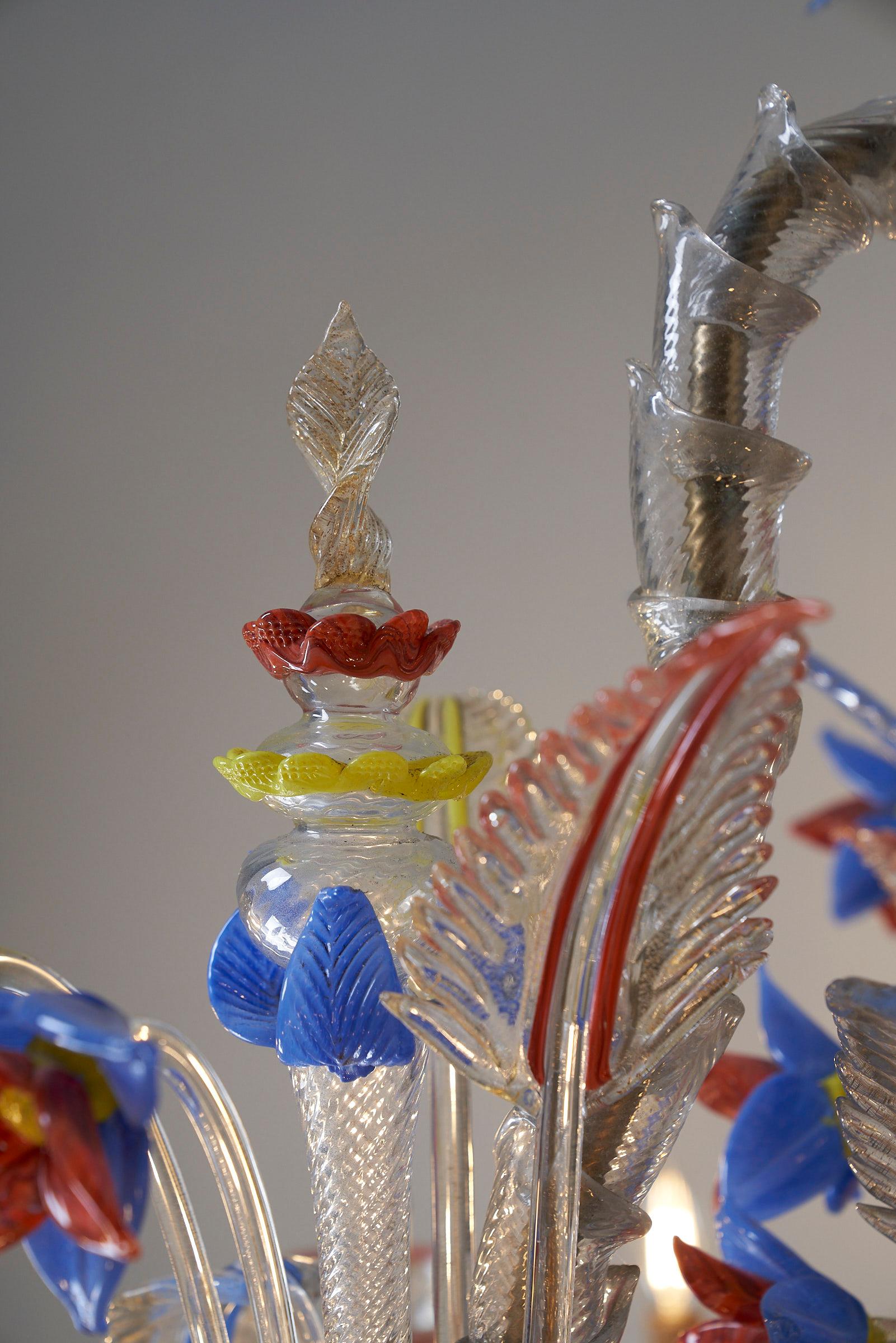 Mid-20th Century XL Murano Chandelier Multicoloured, Venetian, 15 Arms For Sale
