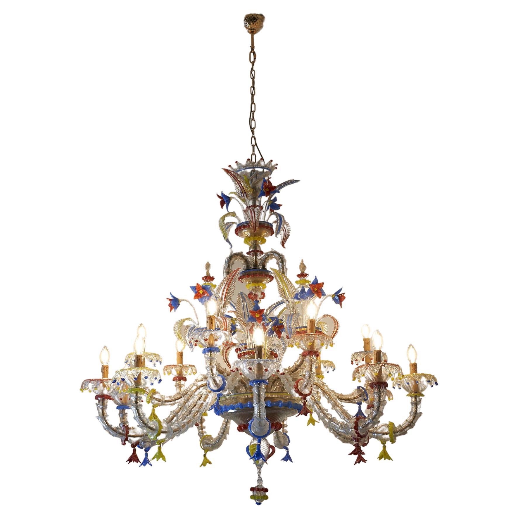 XL Murano-Kronleuchter, mehrfarbig, venezianisch, 15 Armlehnen im Angebot
