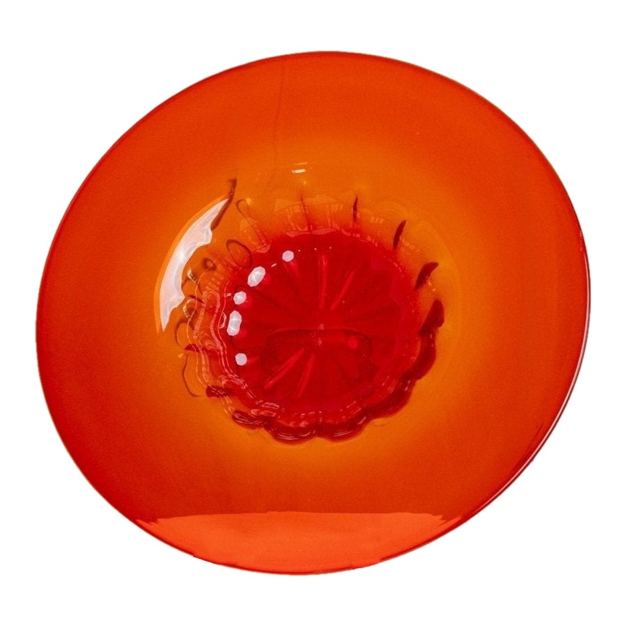 XL Murano Glass Bowl Bright Red with Ribbed Pattern Murano Glass Art, 1920s