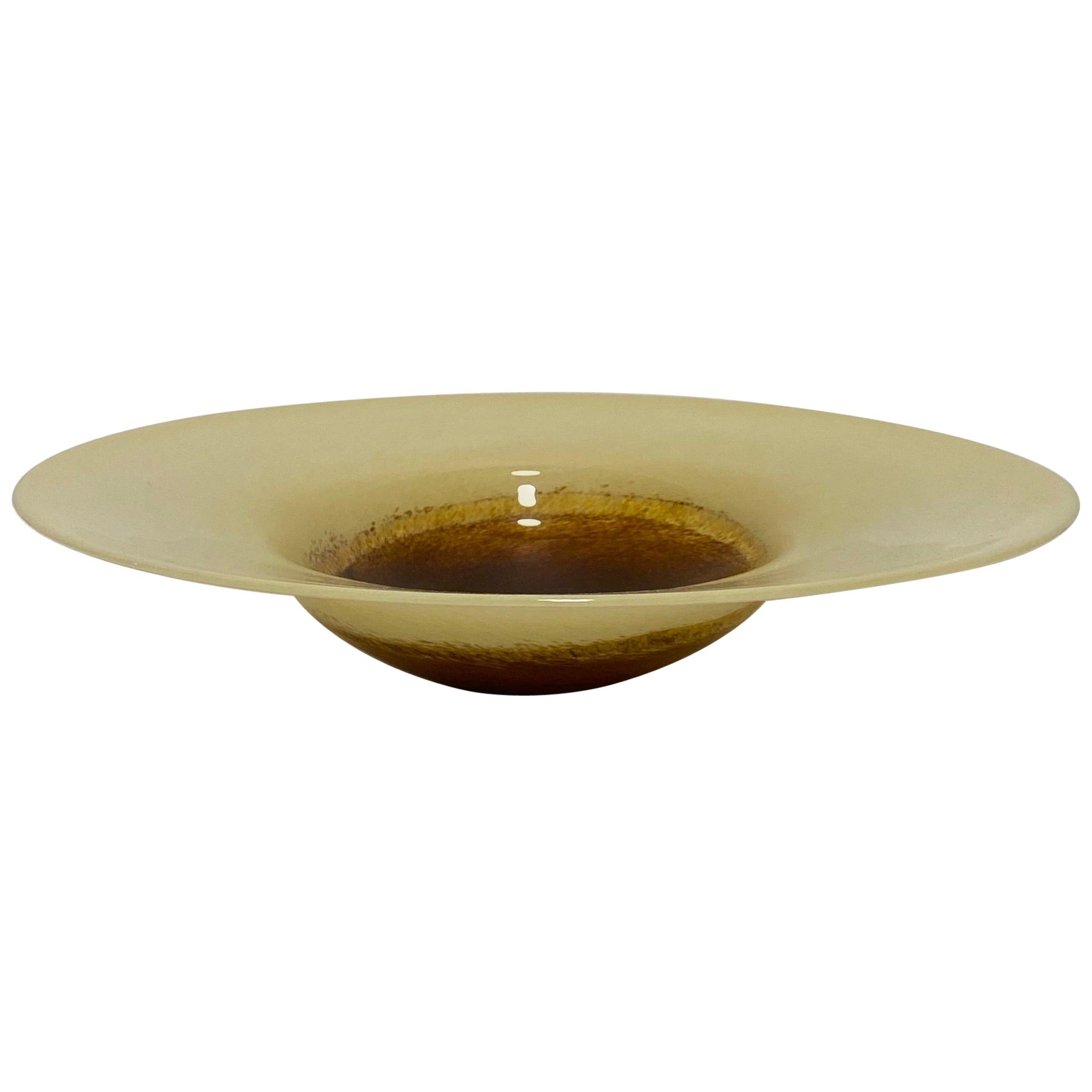 XL Murano Glass Round Fruit Bowl Table Plate Yellow Brown Italian Vintage 1970s