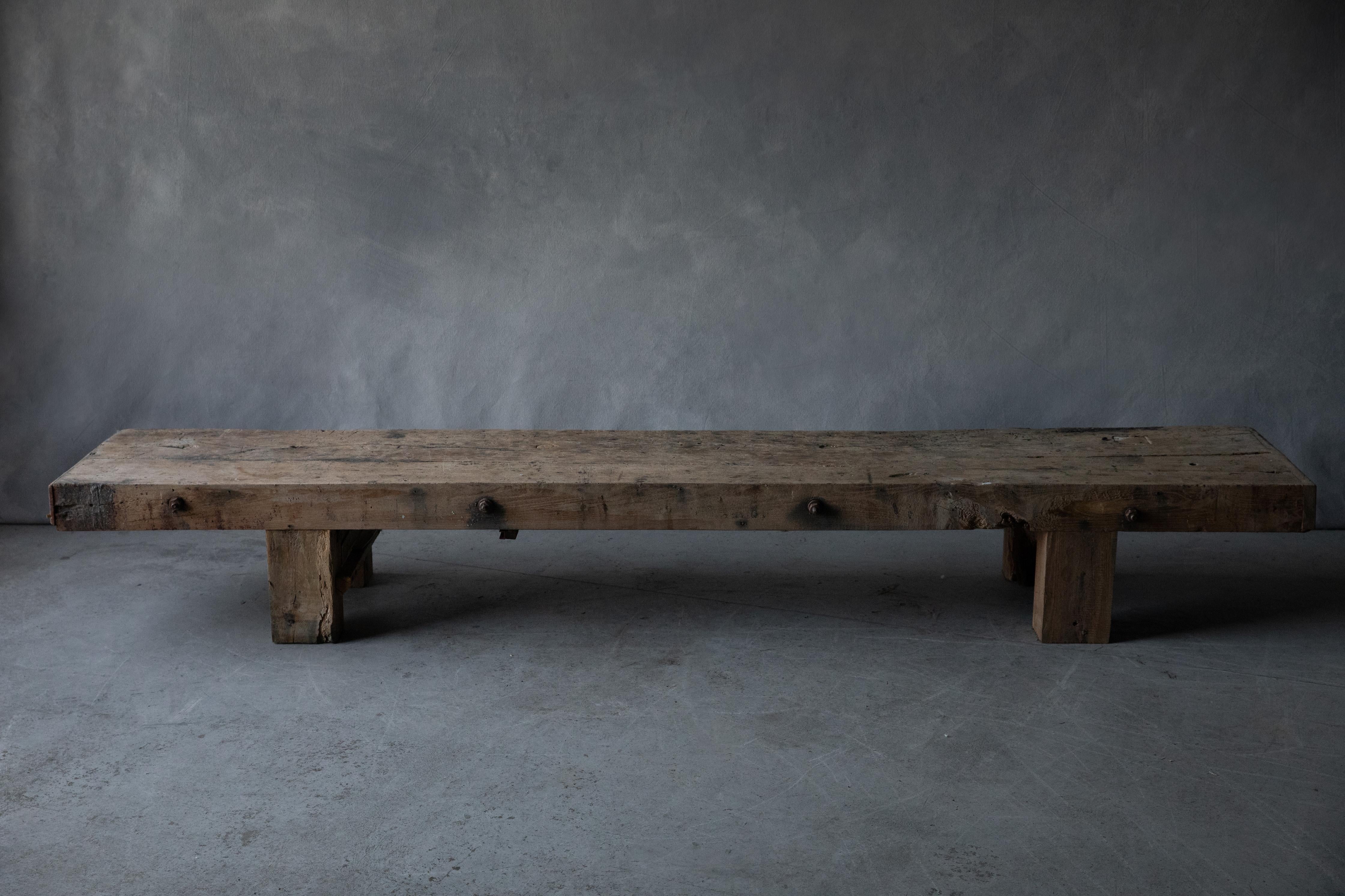 XL Oak Workbench Coffee Table From France, circa 1940. Solid oak construction with original bolt hardware. Nice wear and use.