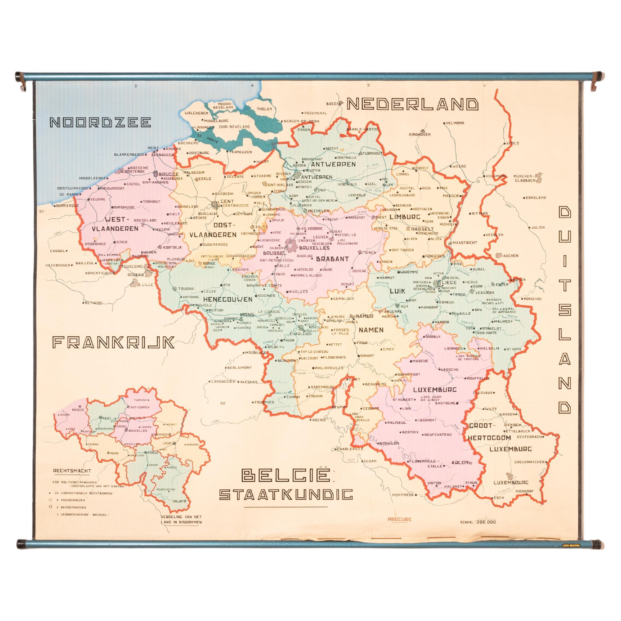 XL Old School Map of Belgium 'Printed by Procure', 1950s