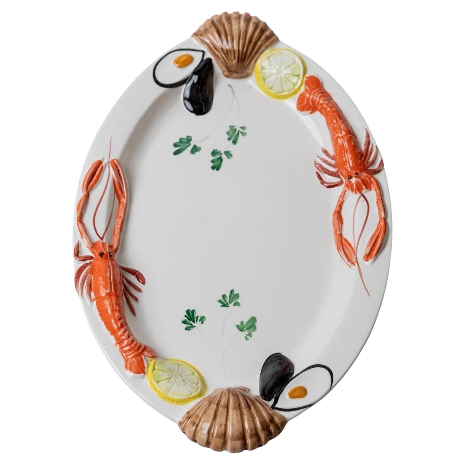 XL Oval Vintage Ceramic Seafood Plate by Siro, Italy, 1980s For Sale