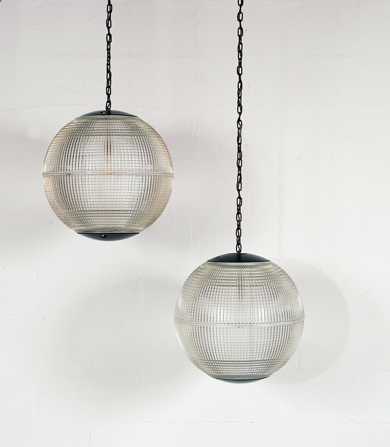 Industrial Extra Large Midcentury Parisian Glass Globe Ball Pendant Lights, Holophane, Pair