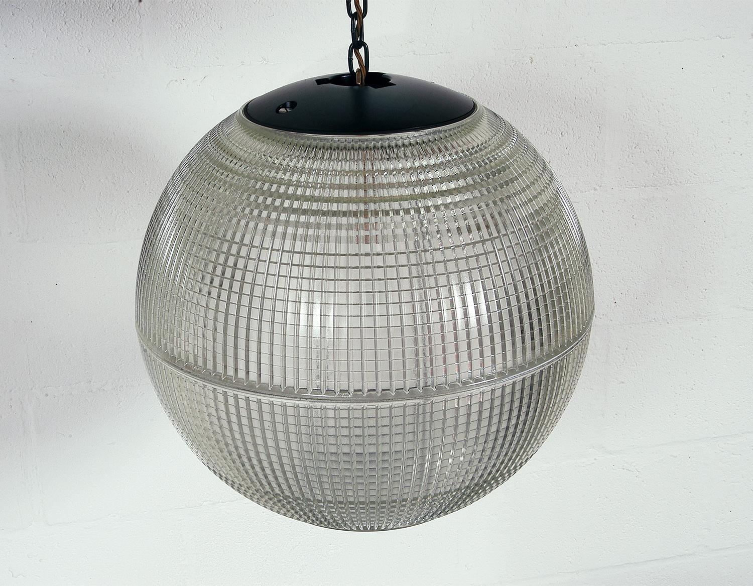 French Extra Large Midcentury Parisian Glass Globe Ball Pendant Lights, Holophane, Pair