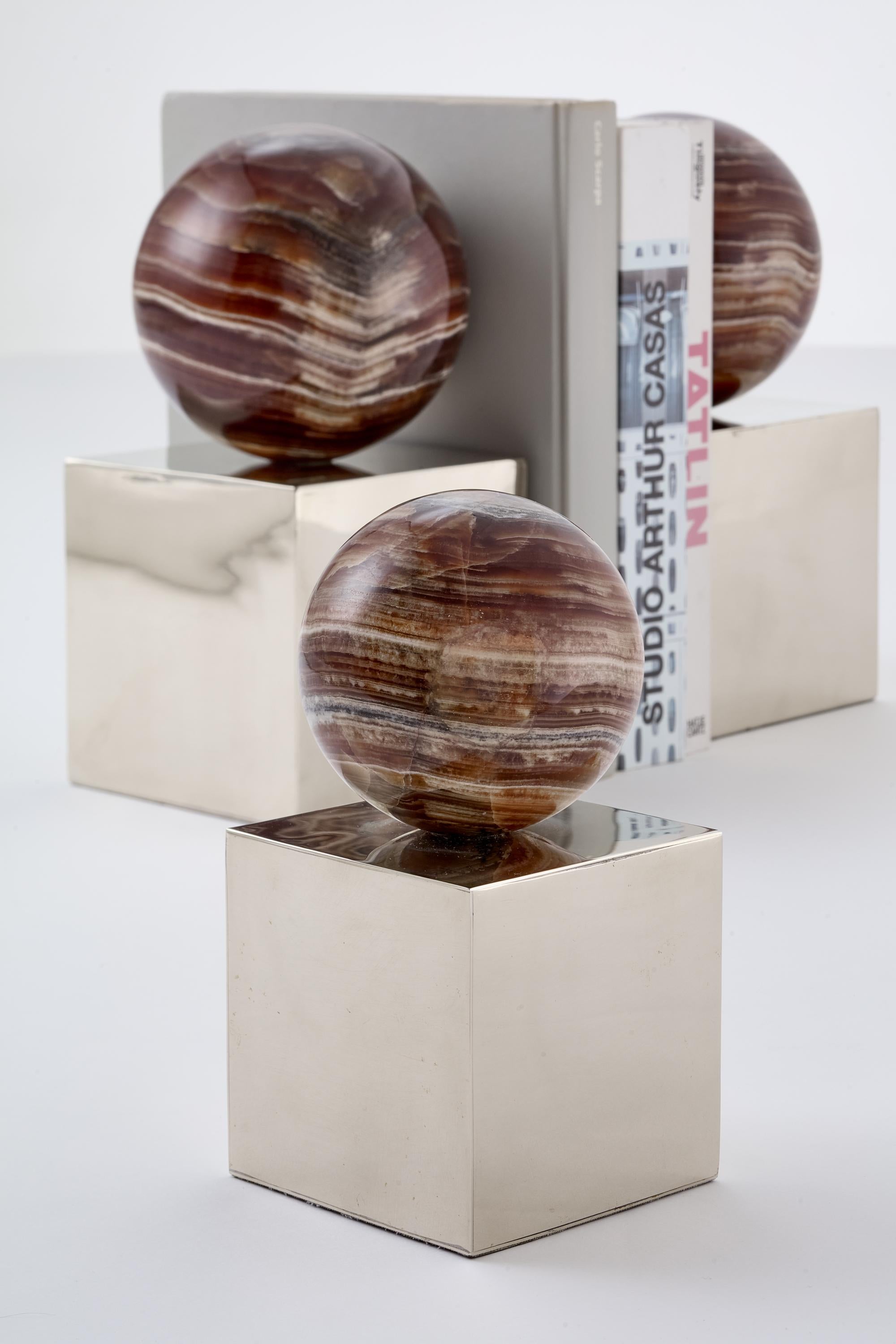 Hand-Carved XL Pair Bookends Salta, Onix Stone & Silver Alpaca For Sale
