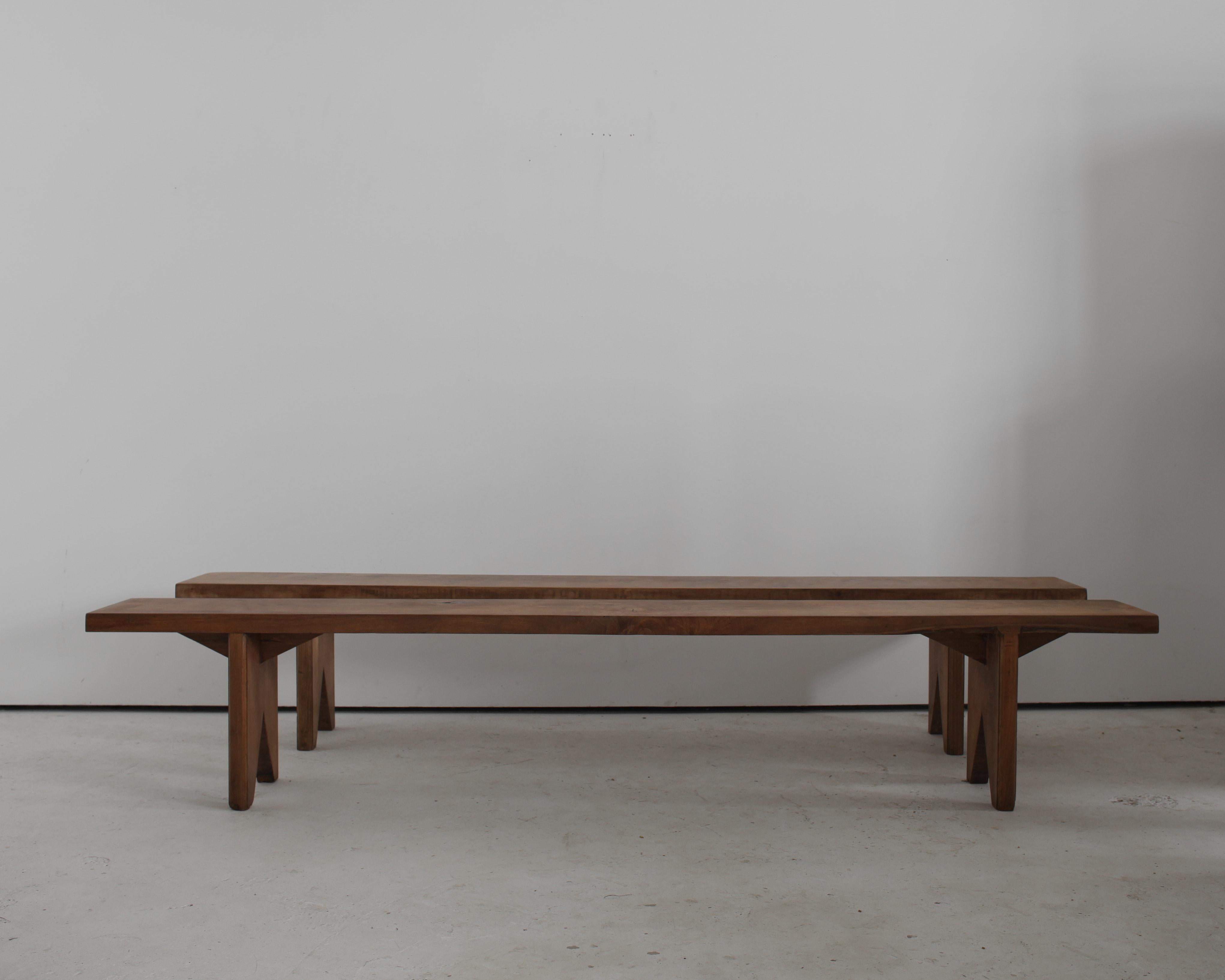 XL pair of solid elm benches from Braga in Northern Portugal.

Constructed simply in the 18th style with thick (4.5cm) slab tops.

These were made by an artisan in the 1960s.