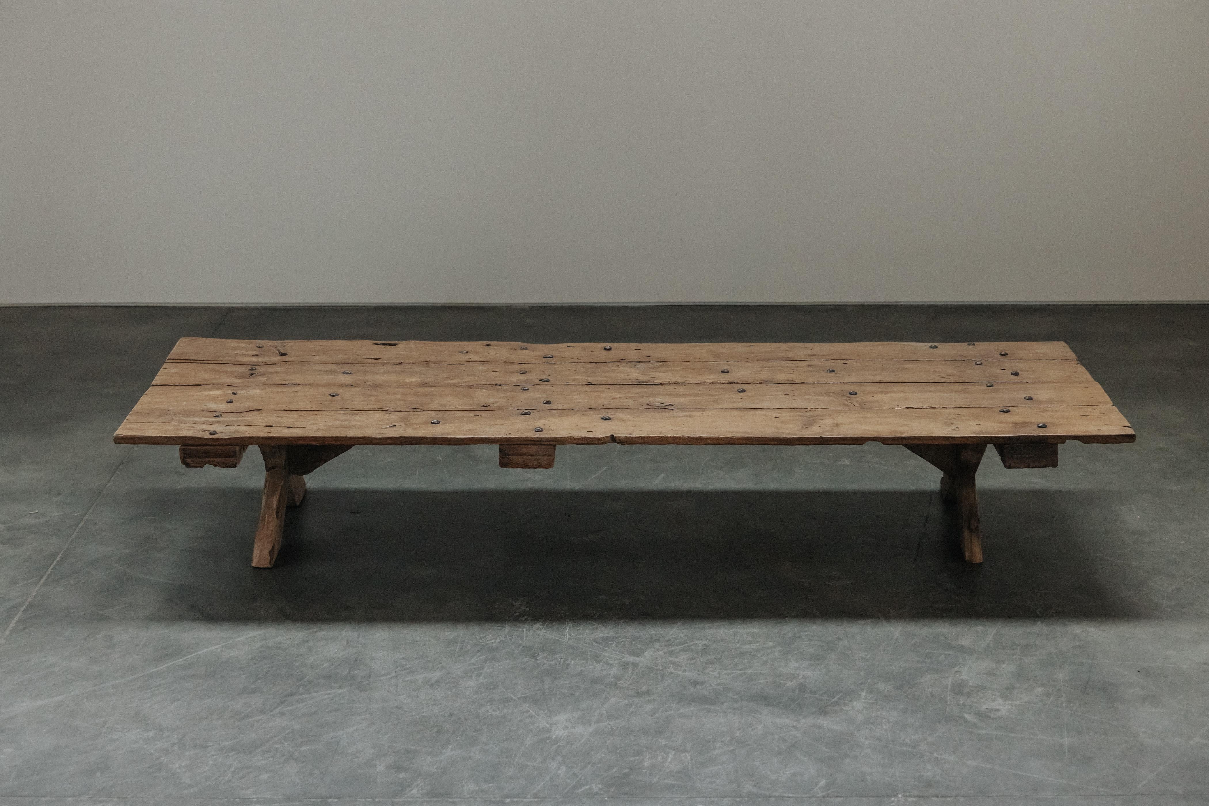 XL Pine Work Console Table From France, Circa 1940.  Solid pine construction with original hardware.  Great patina and use.