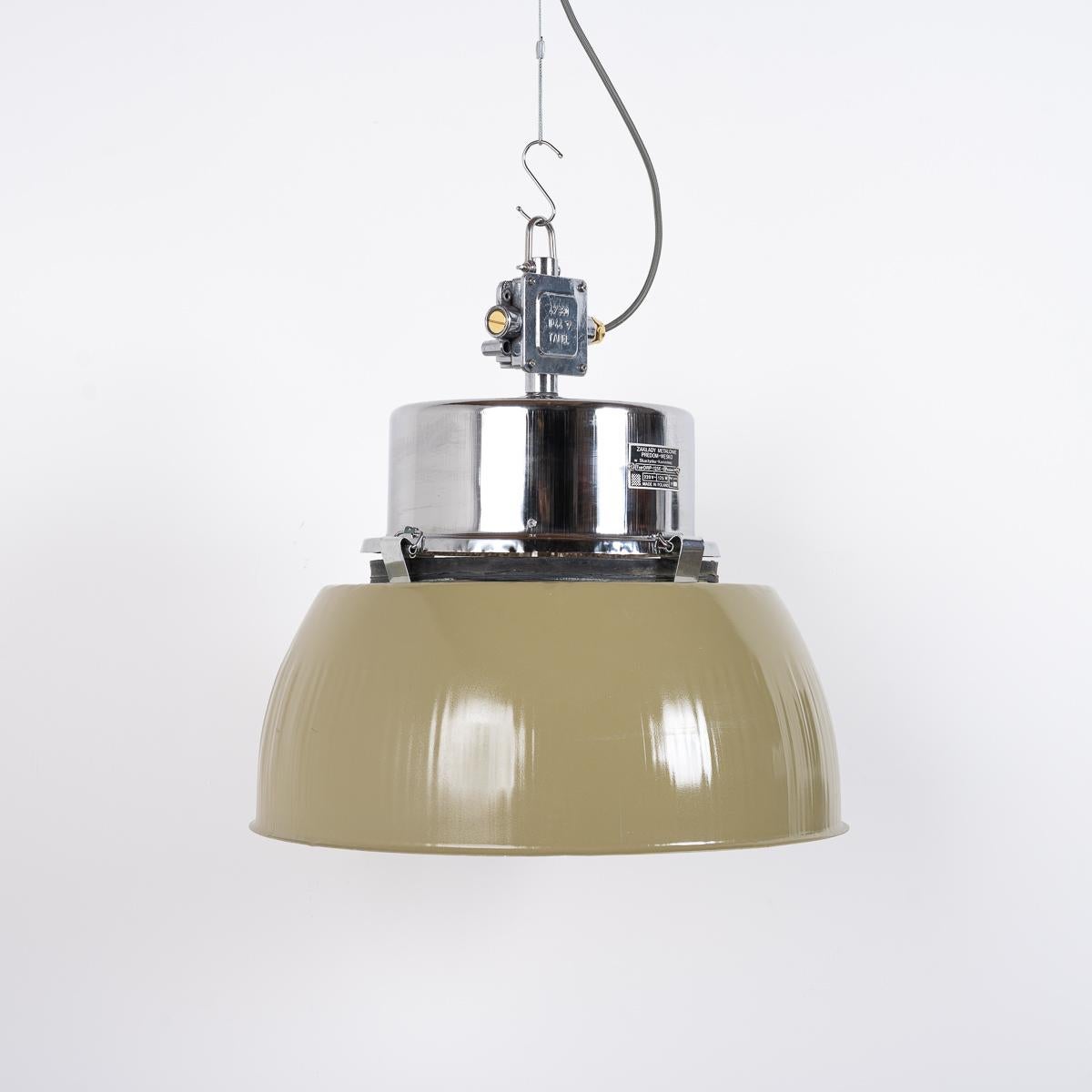Xl Polish Factory Lights With Prismatic Glass - Olive Green / Polished Steel In Good Condition For Sale In Nottingham, GB