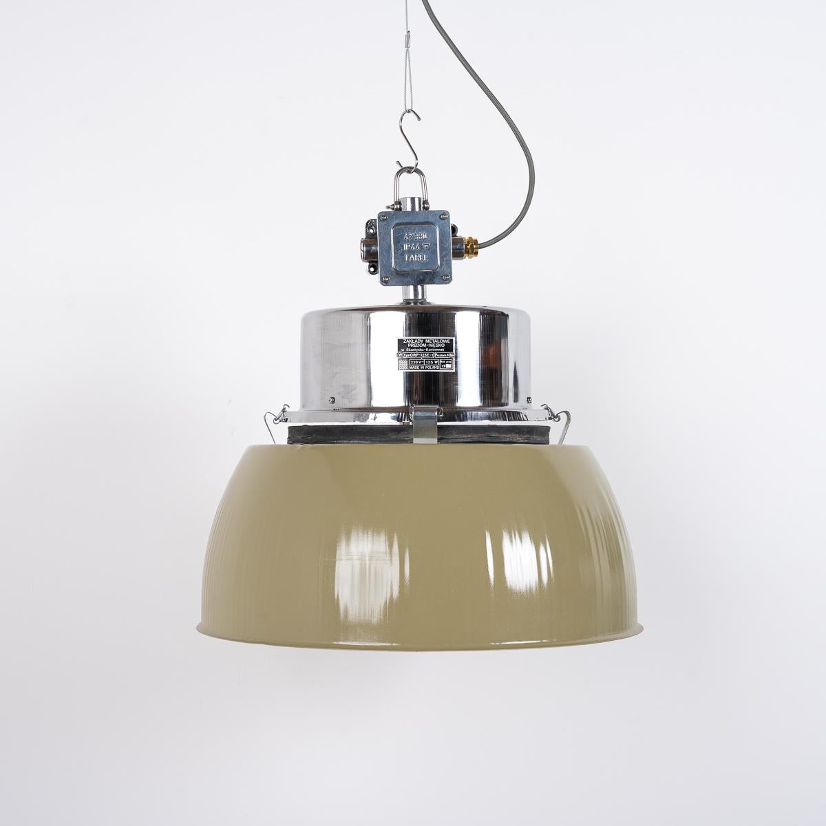 Late 20th Century Xl Polish Factory Lights With Prismatic Glass - Olive Green / Polished Steel For Sale