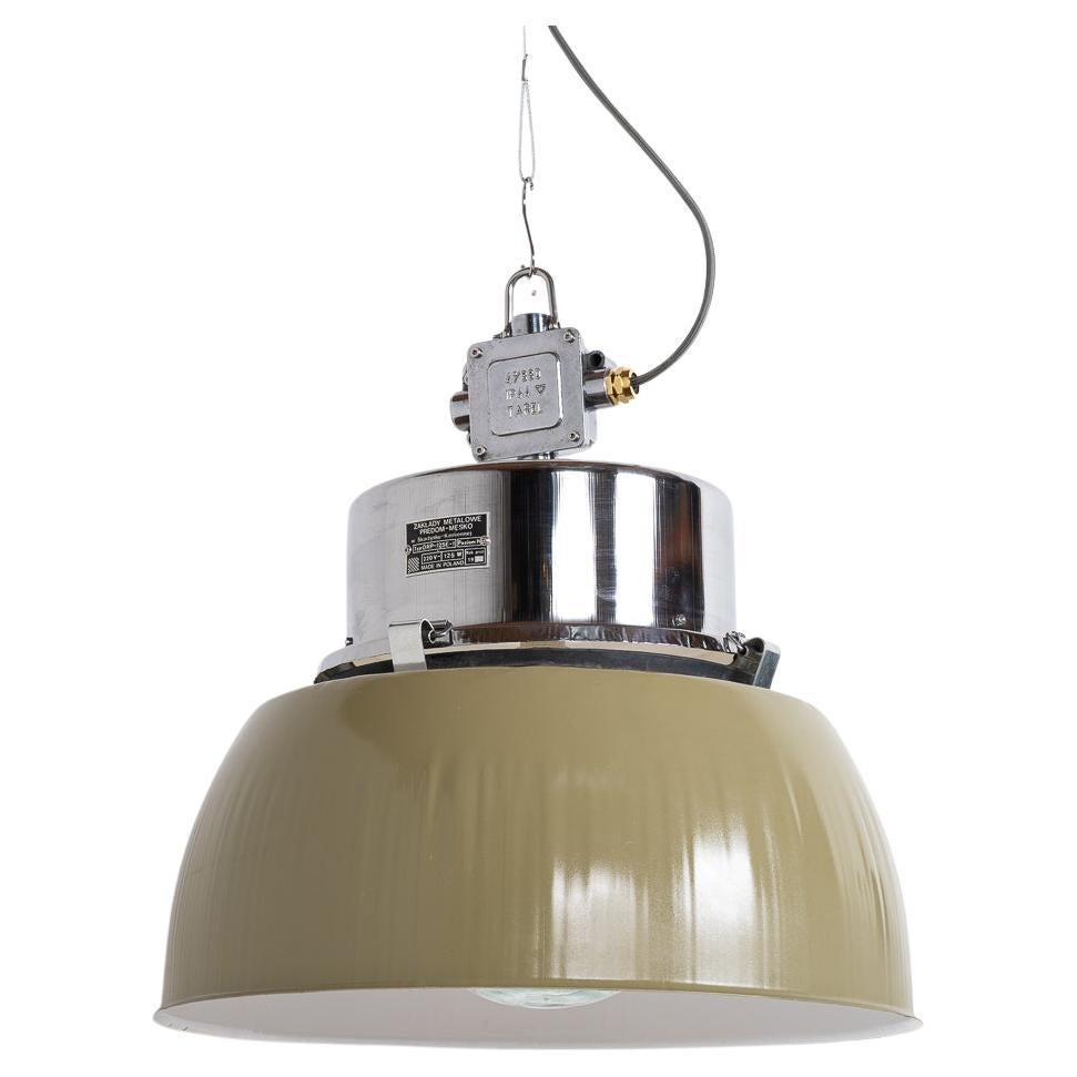 Xl Polish Factory Lights With Prismatic Glass - Olive Green / Polished Steel For Sale