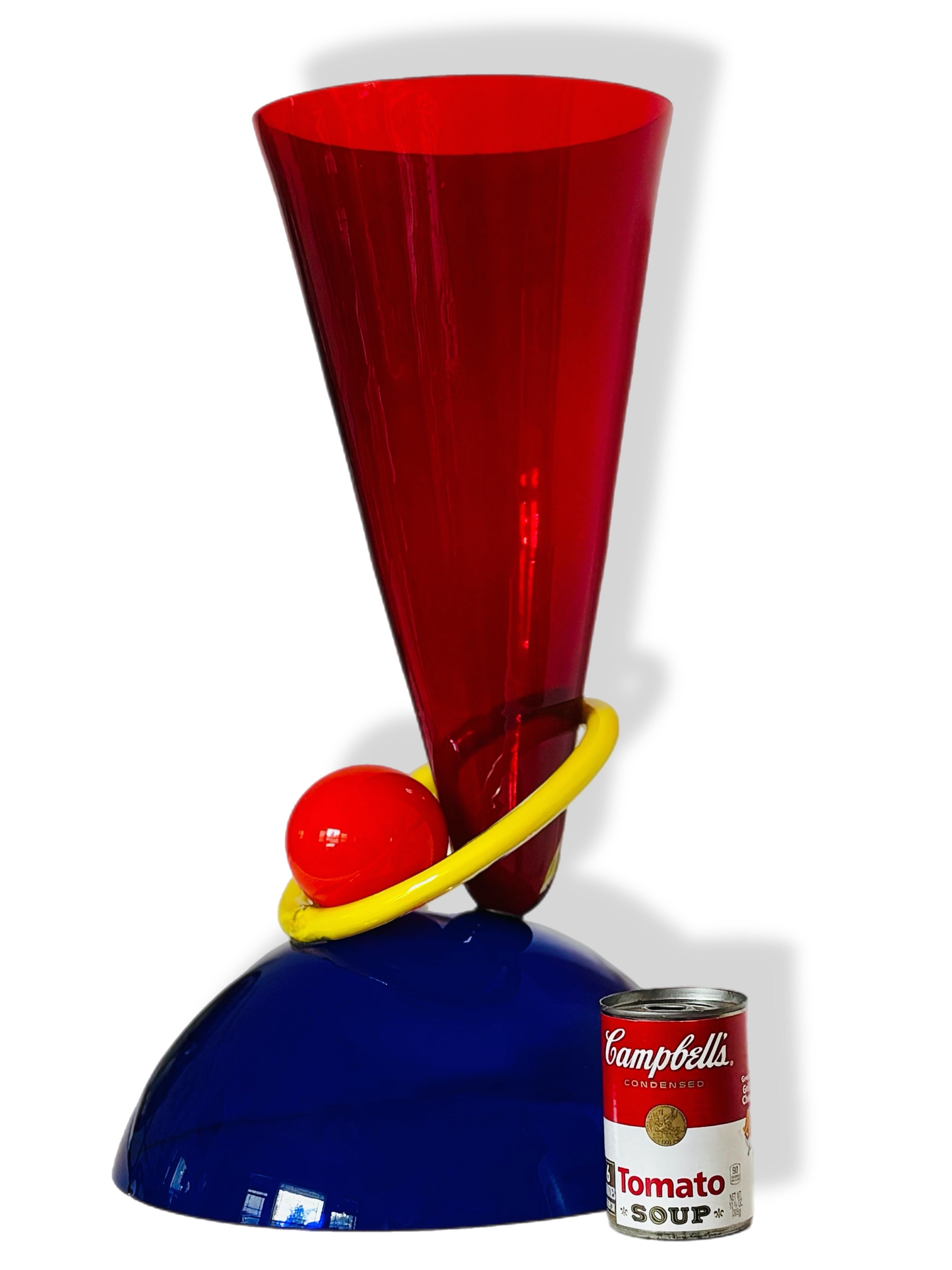 Exceptional, Stunning and Monumental, post modern, Memphis Era, Ettore Sottsass inspired sculptural vase,  Circa 1980, Italy

Striking, bold,  glass sculptural centerpiece in primary colors 

The vase has a in very good vintage condition
There is a