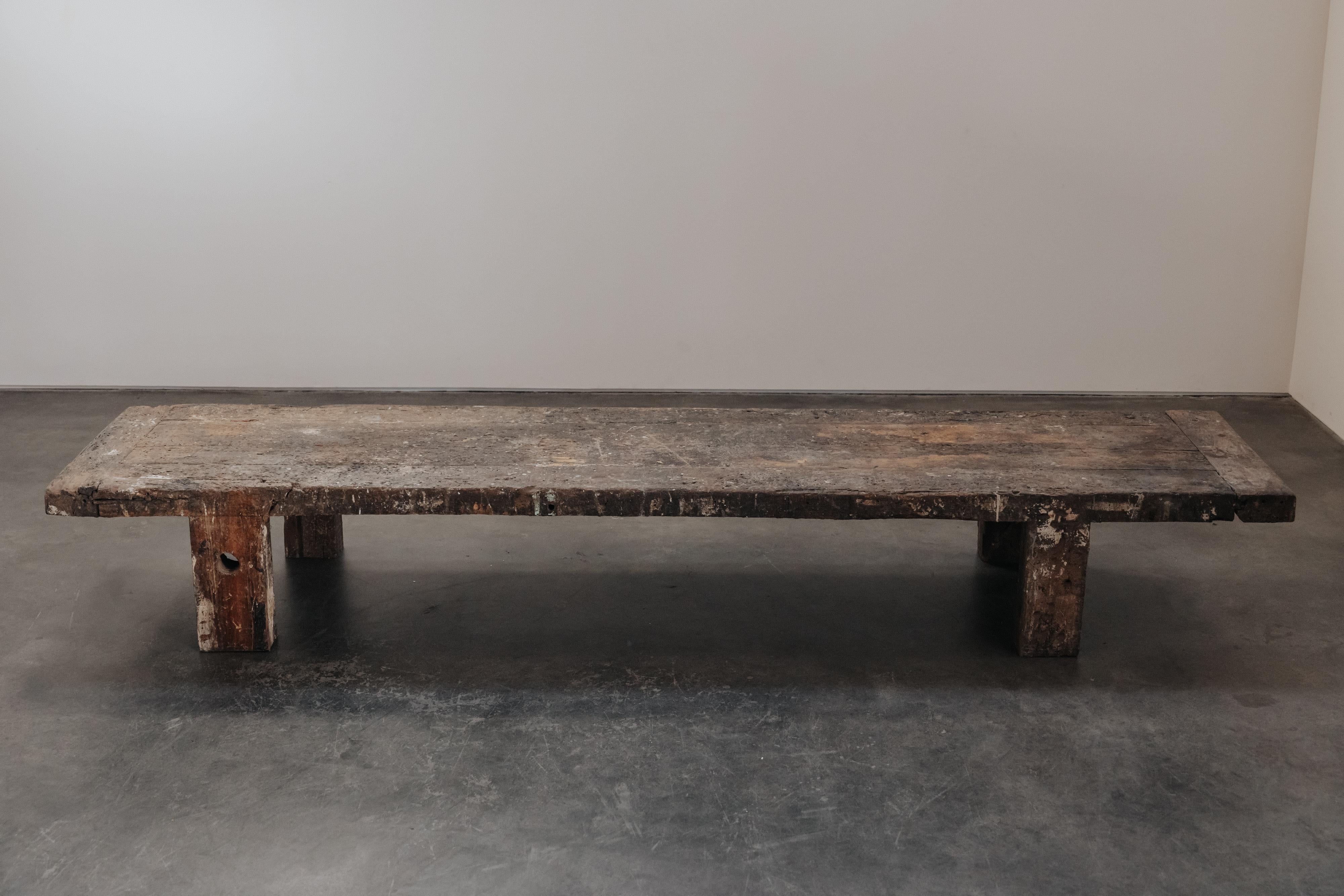 XL Primitive Oak Coffee Table From France, Circa 1940.  Solid oak construction with superb original patina and use.