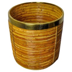XL rattan and brass basket, Italy, 1970, 36cm Diam