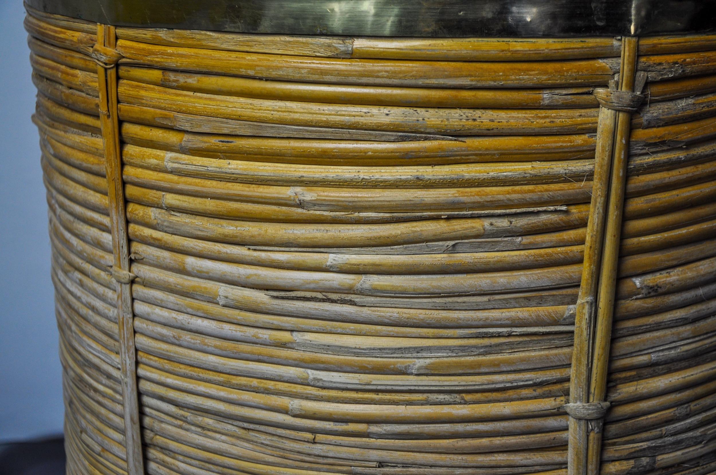 Late 20th Century XL rattan and brass basket, Italy, 1970, 41cm diam For Sale