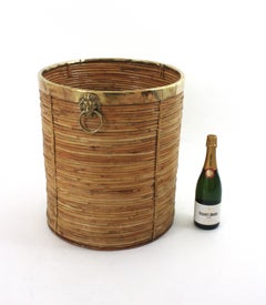 XL Rattan Round Planter with Lion Head Ring Handles and Brass Rim, Italy 1970