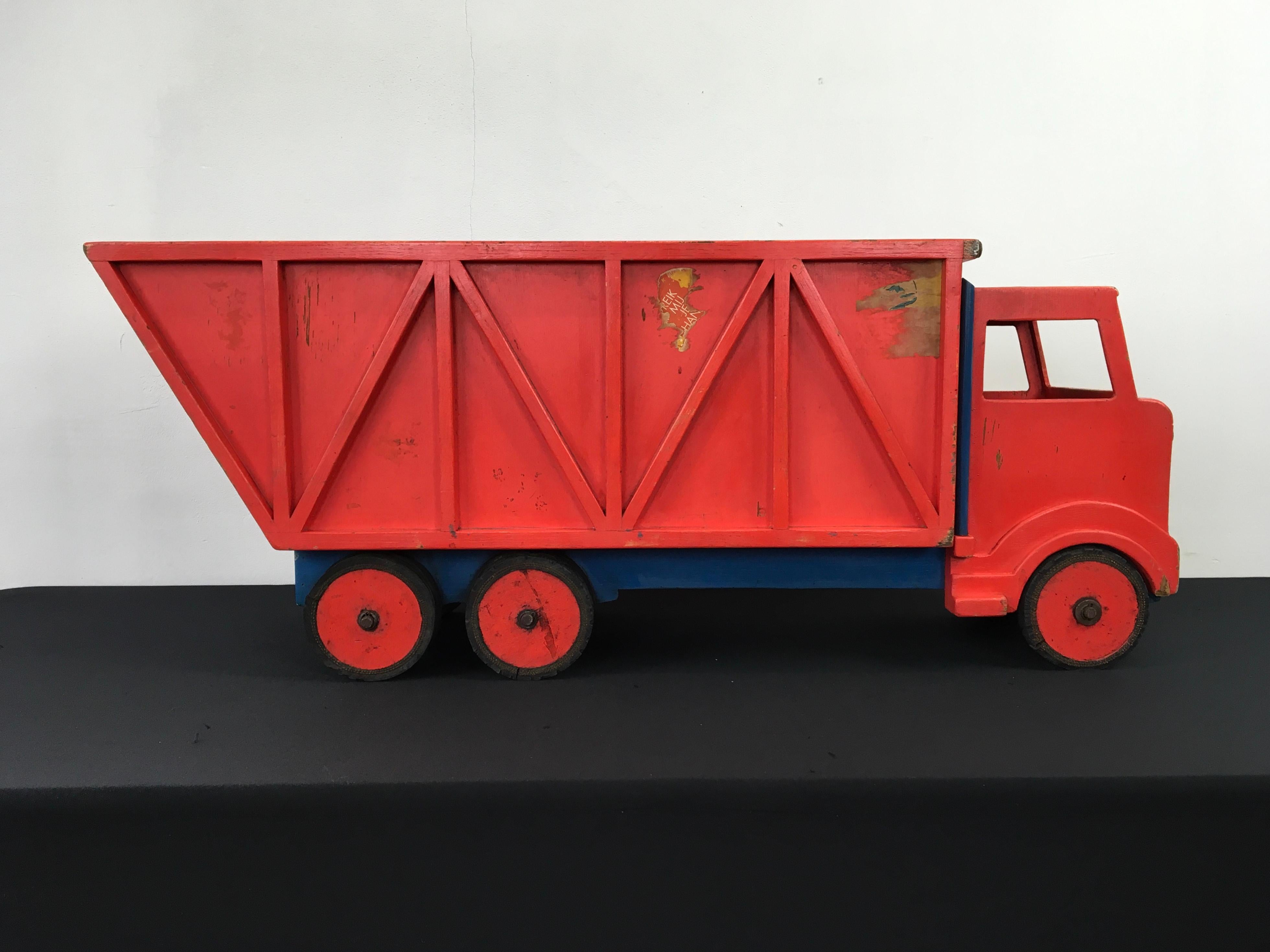 European XL Red Wooden Dump Truck Toy, 1950s For Sale