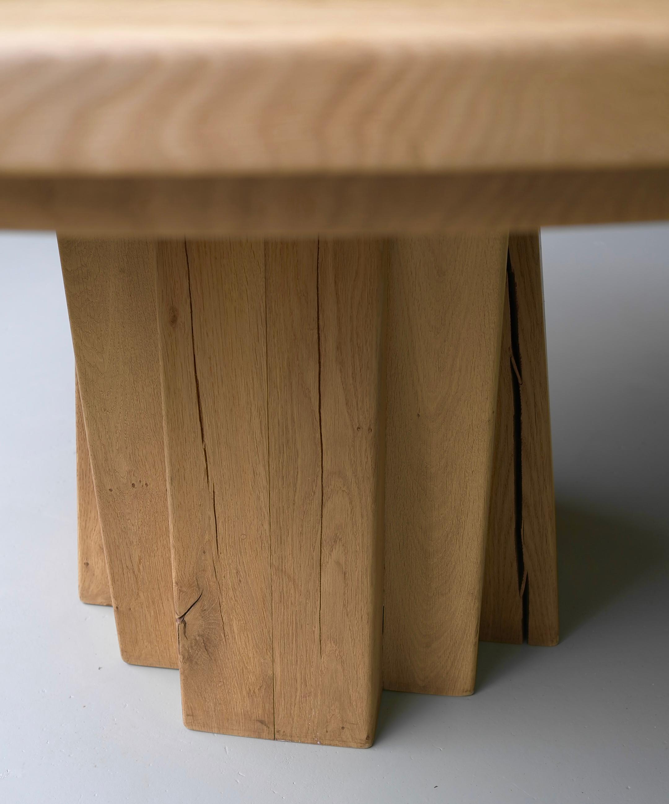 XL Round Solid Oak Dining Table with Cubist Base in Style of Pierre Chapo France 3