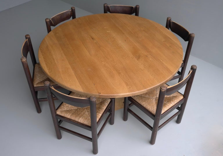 XL Round Solid Oak Dining Table with Cubist Base in Style of Pierre ...