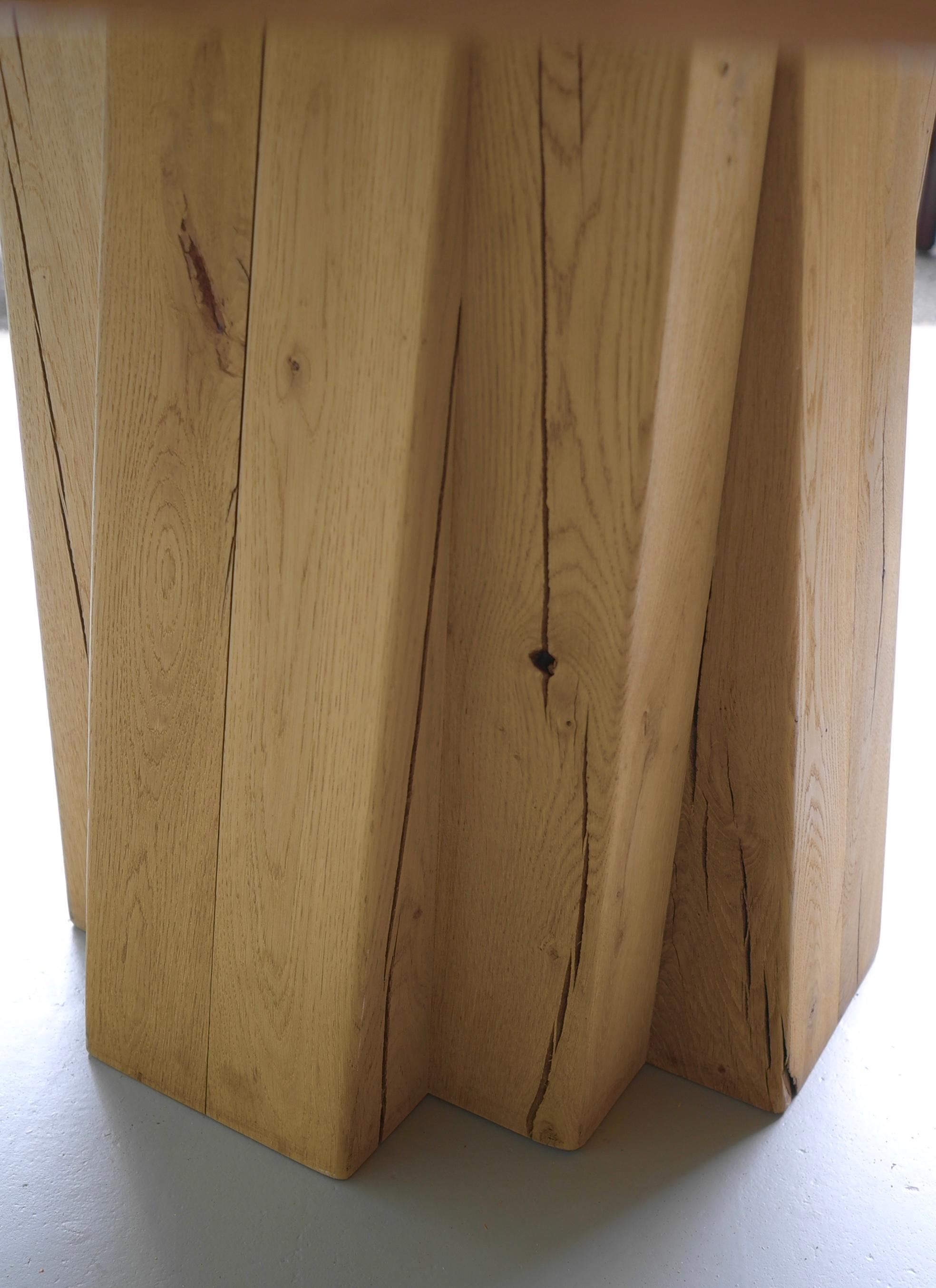 XL Round Solid Oak Dining Table with Cubist Base in Style of Pierre Chapo France 6
