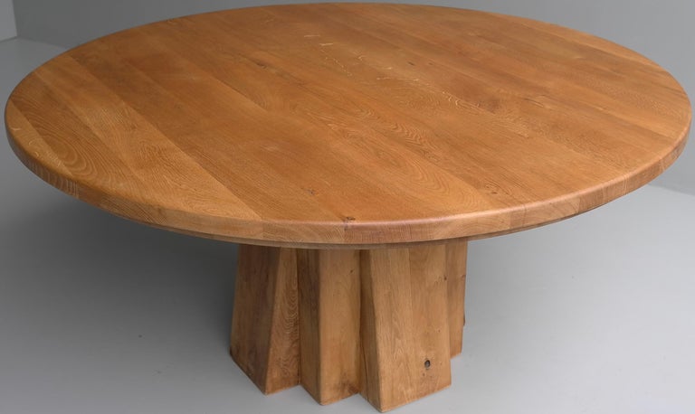 XL Round Solid Oak Dining Table with Cubist Base in Style of Pierre ...