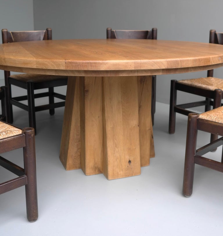 XL Round Solid Oak Dining Table with Cubist Base in Style of Pierre ...