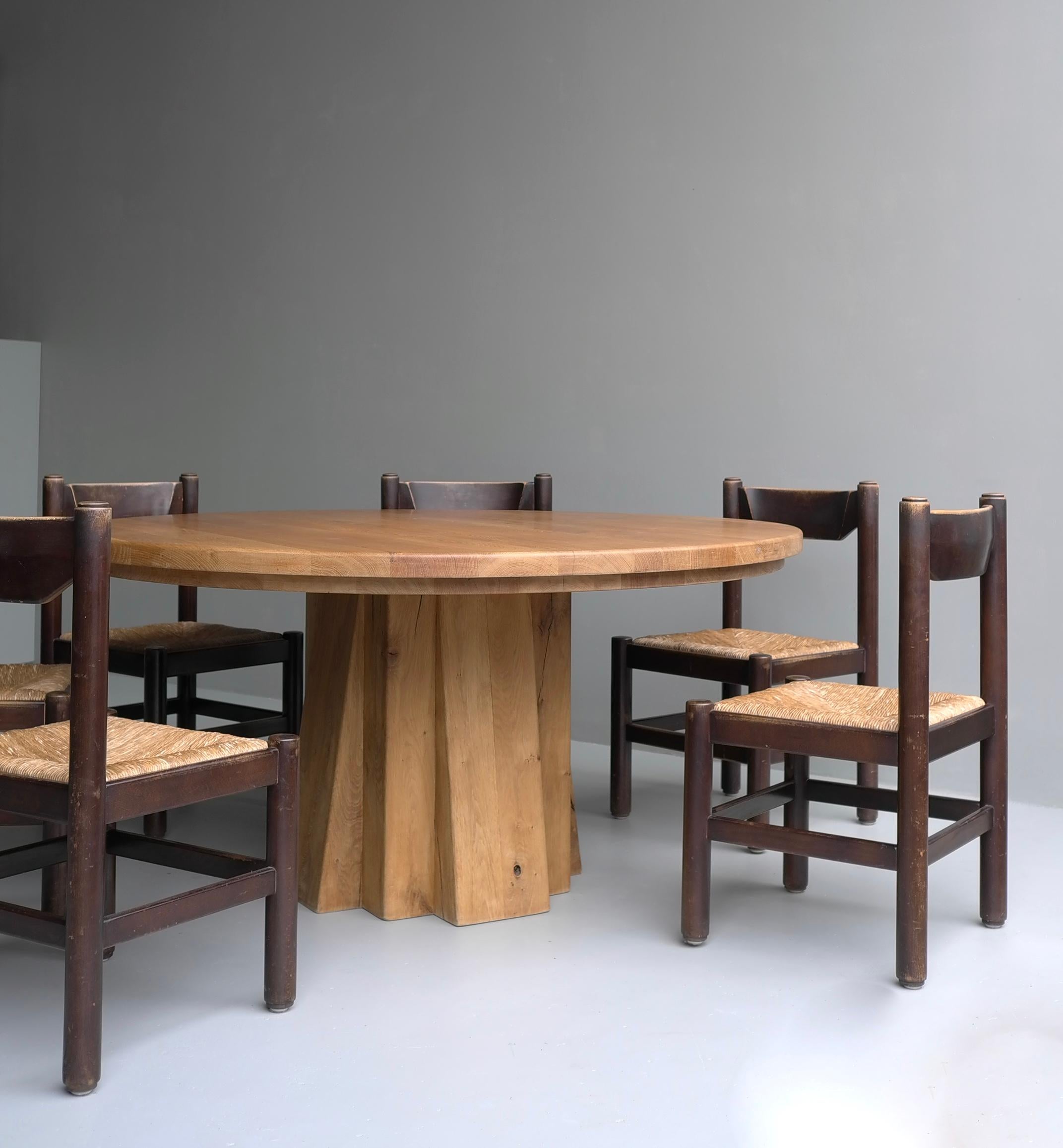 French XL Round Solid Oak Dining Table with Cubist Base in Style of Pierre Chapo France