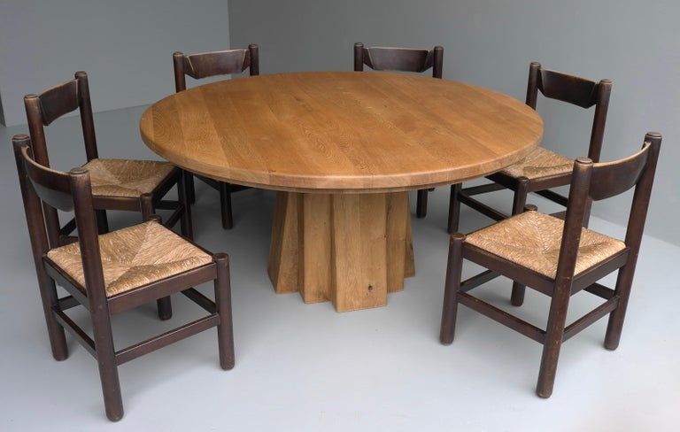 XL Round Solid Oak Dining Table with Cubist Base in Style of Pierre ...