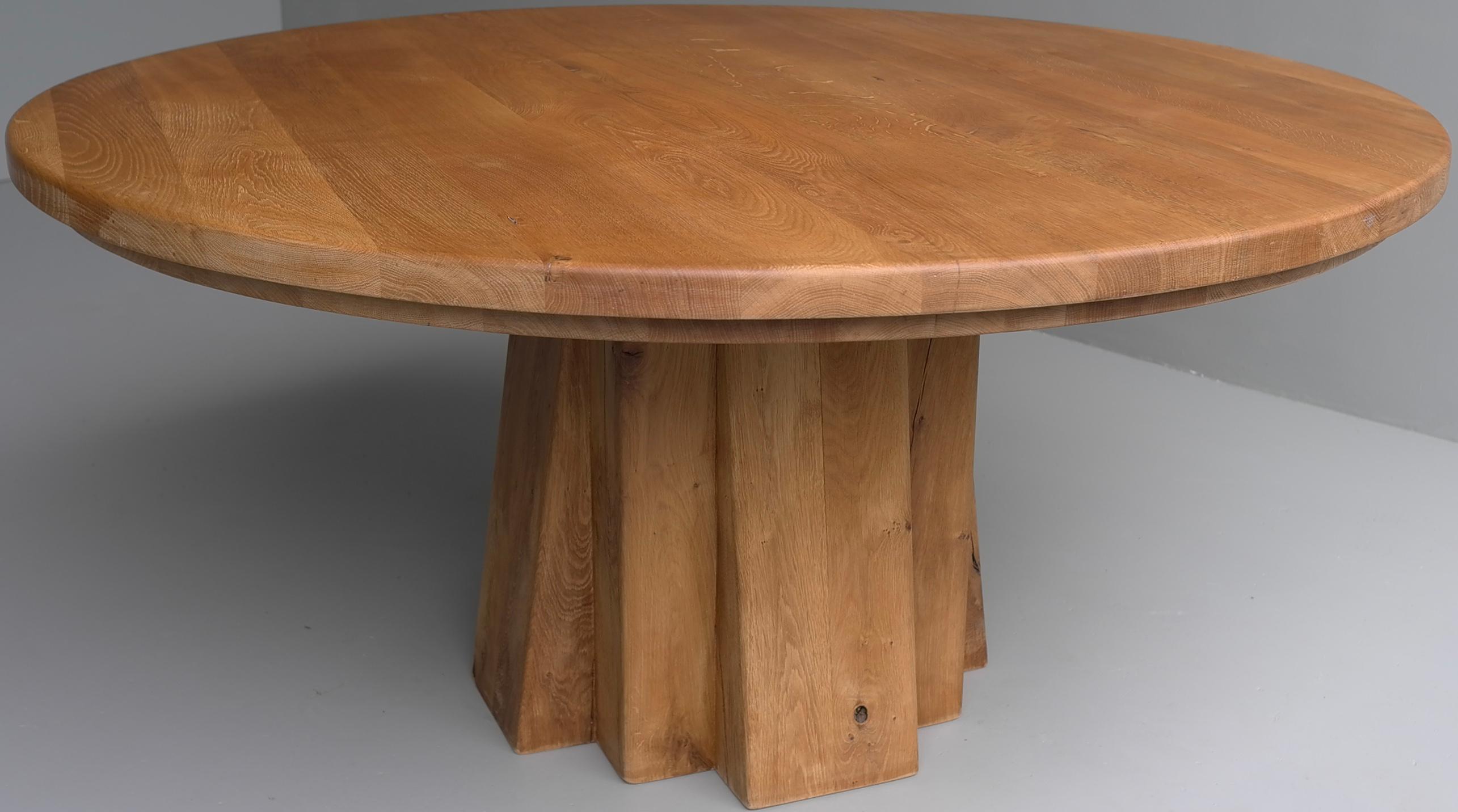 20th Century XL Round Solid Oak Dining Table with Cubist Base in Style of Pierre Chapo France
